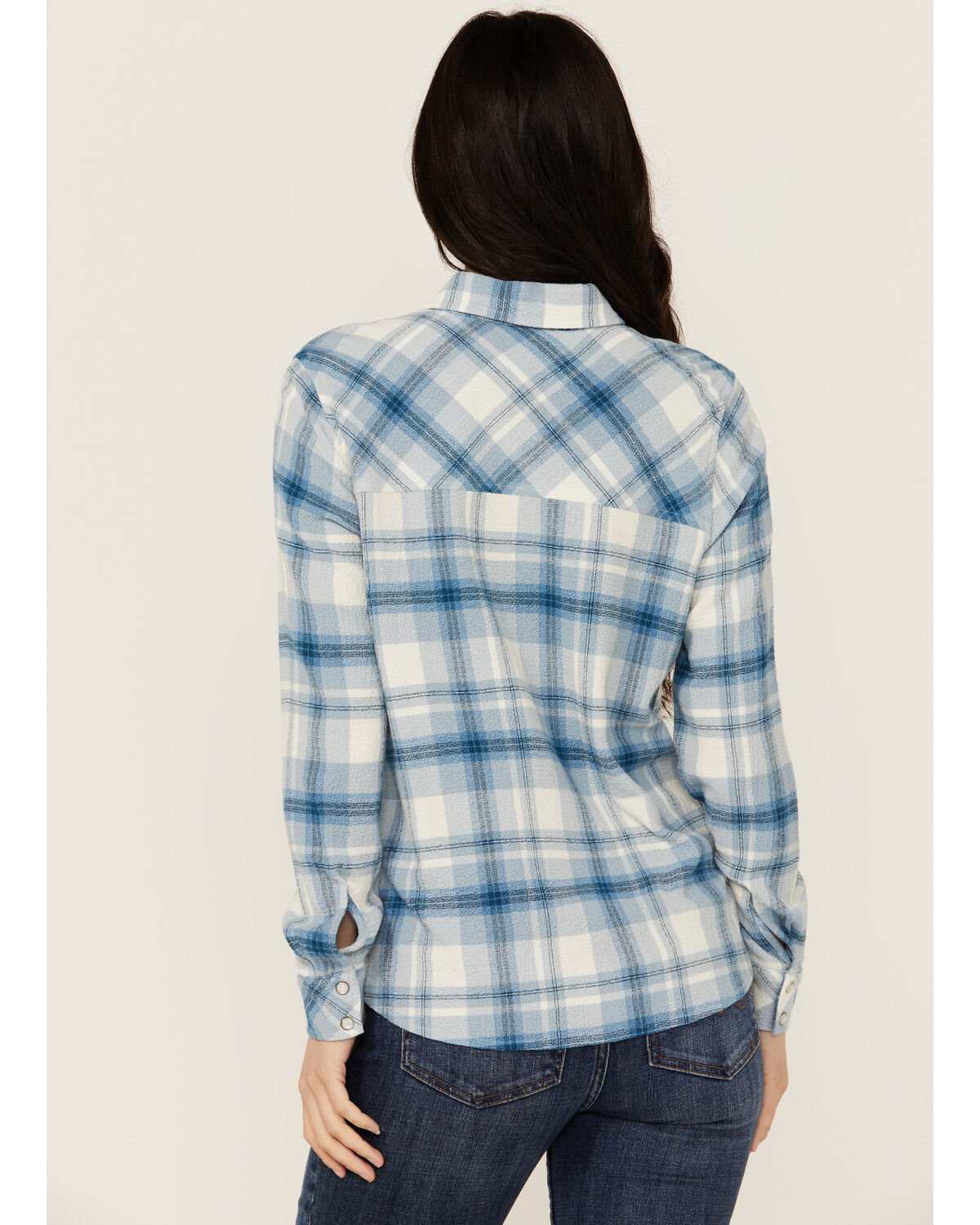 Image #4 - Idyllwind Women's Viola Plaid Print Long Sleeve Pearl Snap Western Shirt, Indigo, hi-res