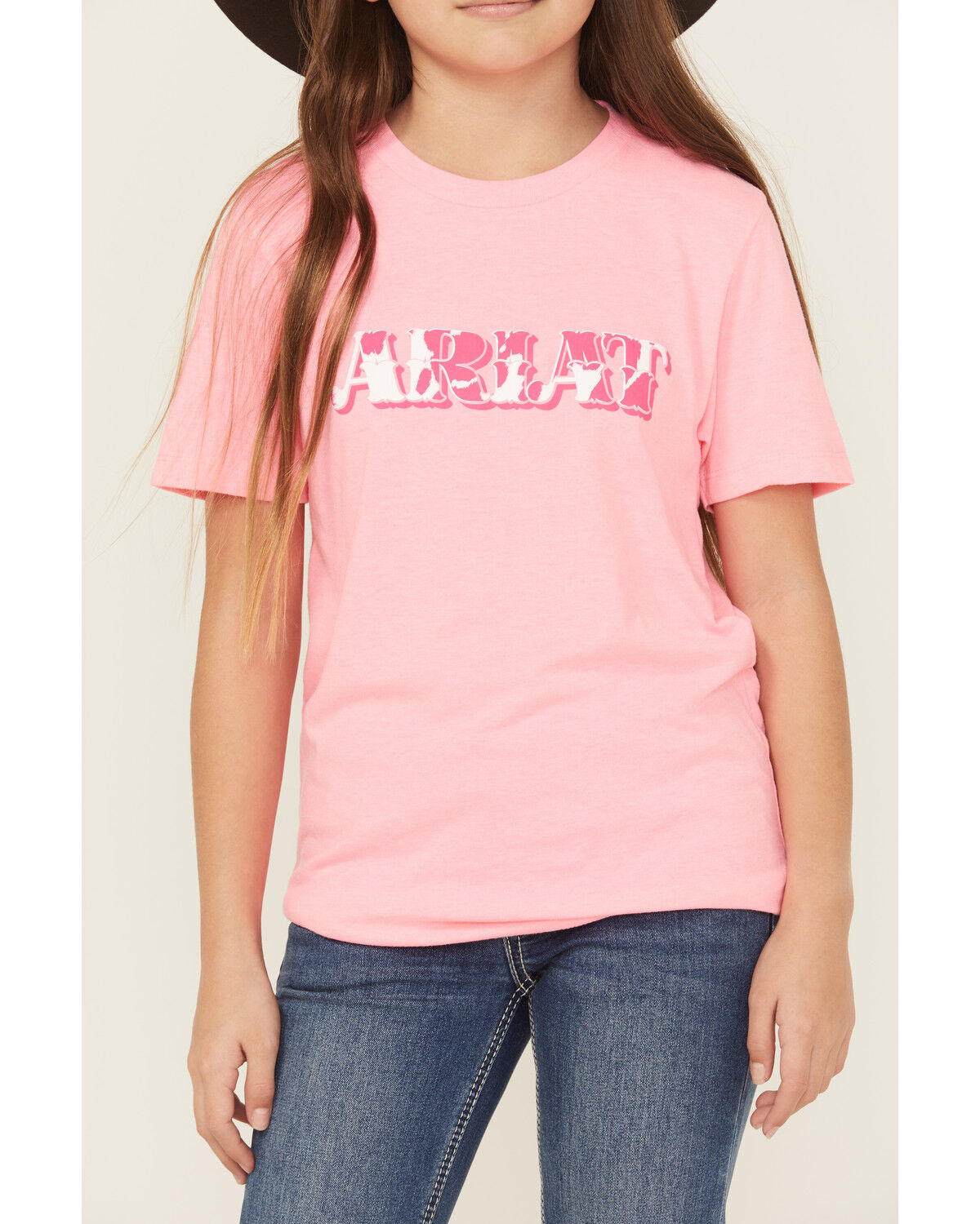 Image #3 - Ariat Girls' Boot Barn Exclusive Cowhide Logo Short Sleeve Graphic Tee, Pink, hi-res