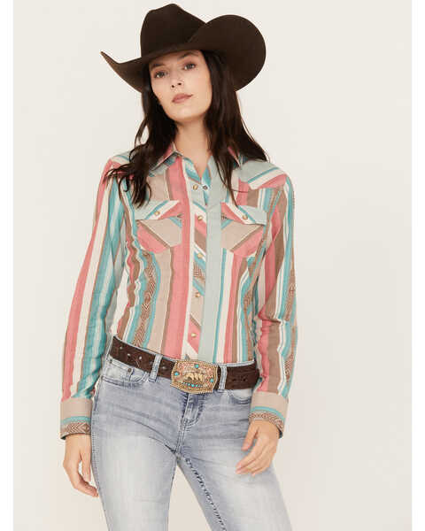 Rock & Roll Denim Women's Striped Long Sleeve Western Snap Shirt, Coral, hi-res