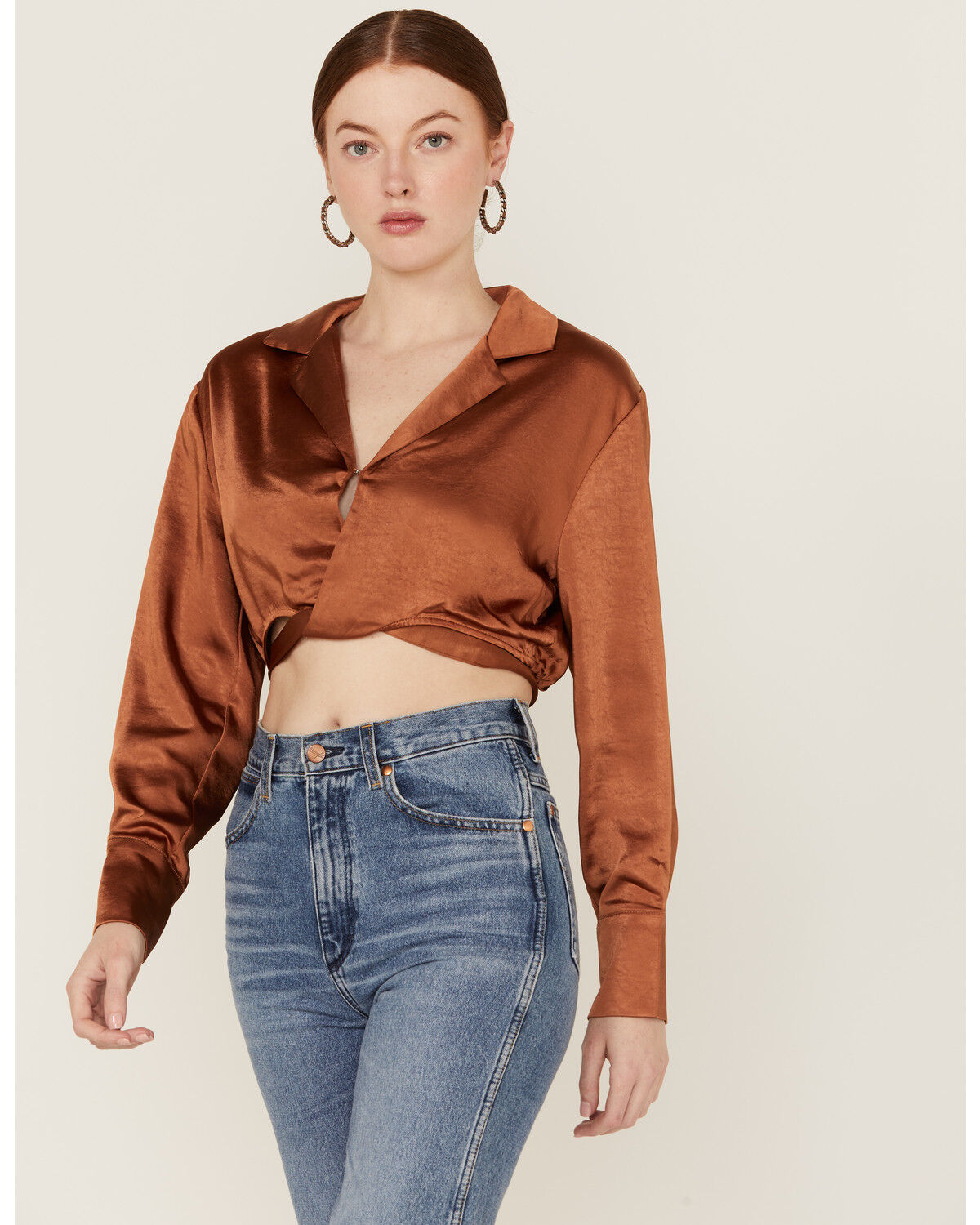 Image #2 - Lush Women's Satin Wrap Tie Waist Crop Top, Rust Copper, hi-res