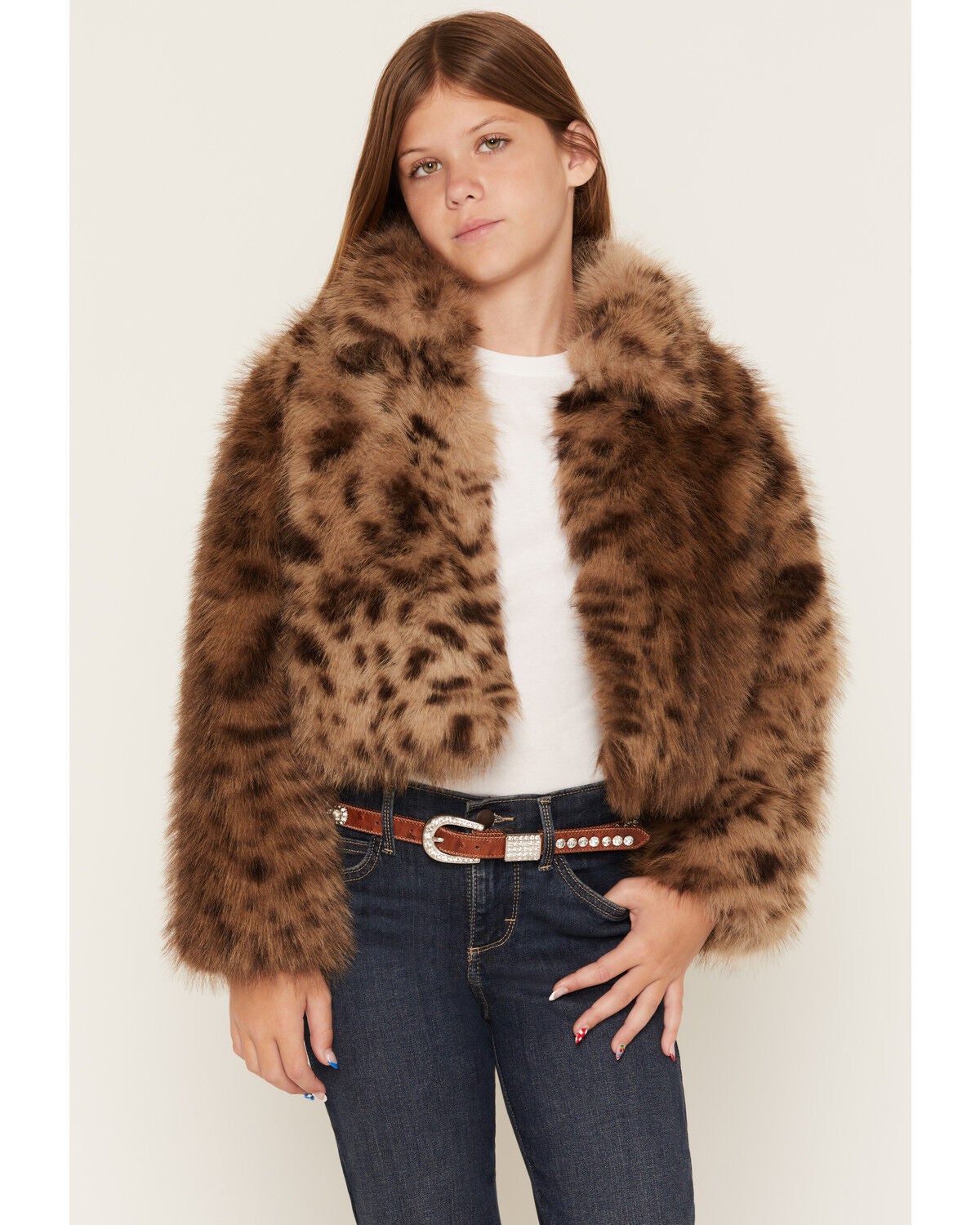 Image #1 - Shyanne Girls' Maggie Leopard Print Faux Fur Jacket, Leopard, hi-res