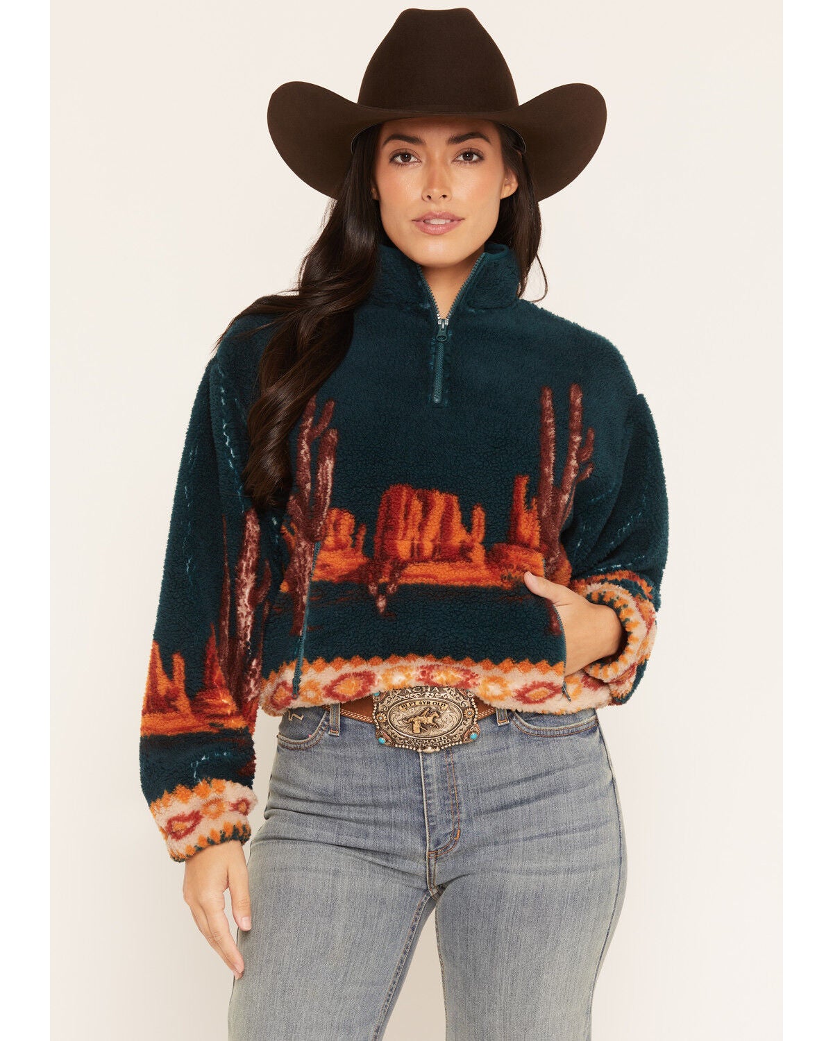 Panhandle Women's Desert Print 1/4 Zip Sherpa Pullover, Teal, hi-res