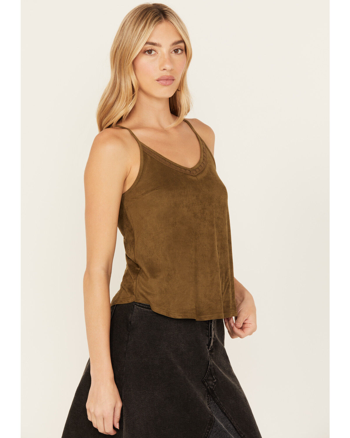 Image #2 - Shyanne Women's Crochet Lace Faux Suede Cami Top, Forest Green, hi-res