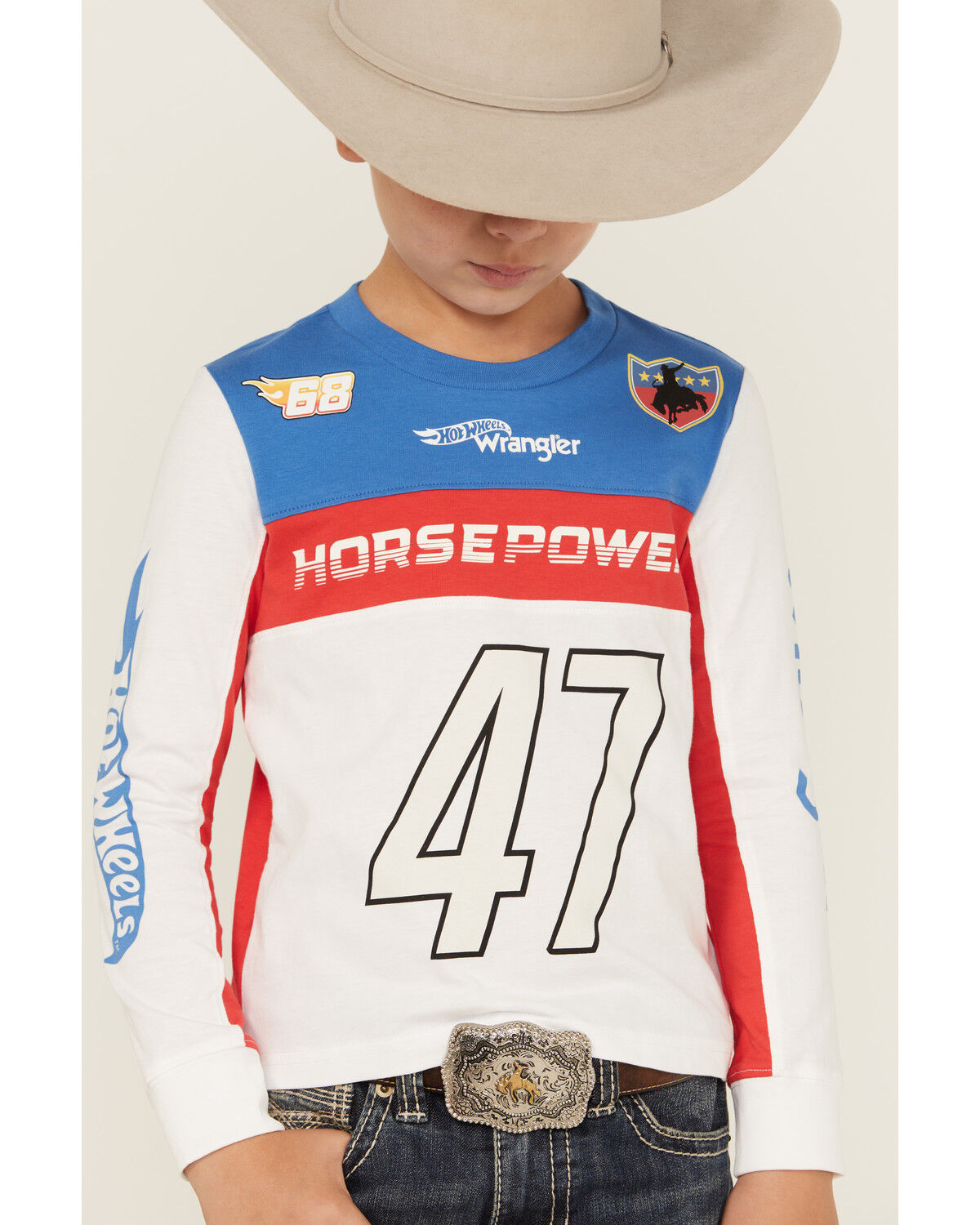 Image #3 - Wrangler® x Hot Wheels™ Boys' Horse Power Colorblock Long Sleeve Graphic T-Shirt, White, hi-res