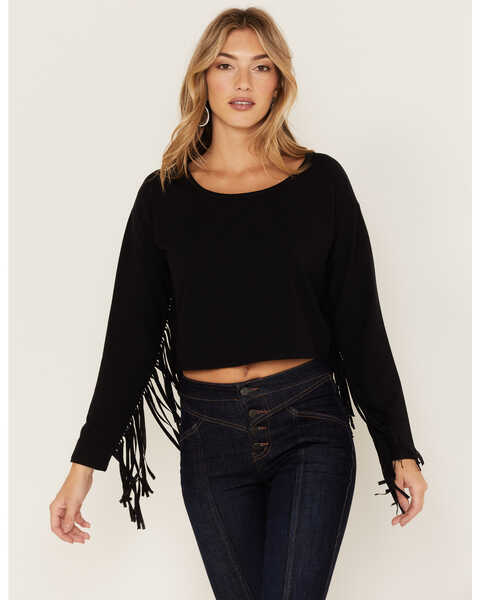 Idyllwind Women's Fringe Cropped Sweatshirt, Black, hi-res