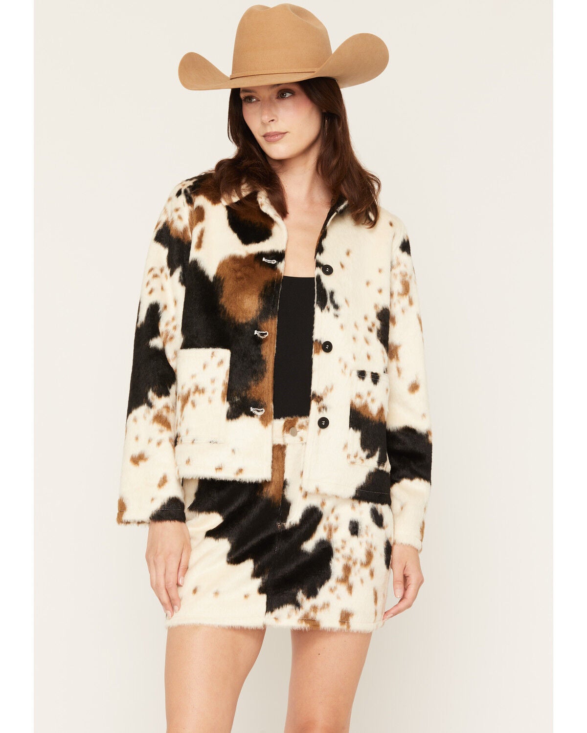 Rock  & Roll Denim Women's Cow Print Faux Fur Jacket, Cream, hi-res