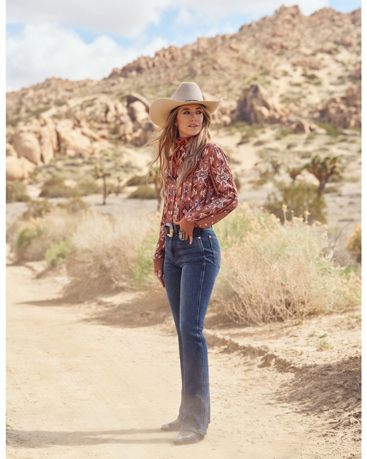 Image #1 - Wrangler x Lainey Wilson Women's Southwestern Print Long Sleeve Snap Western Shirt, Red, hi-res