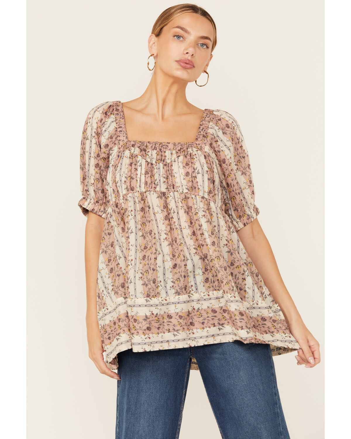 Image #1 - Free People Women's Vintage Lover Floral Print Short Sleeve Blouse, Natural, hi-res