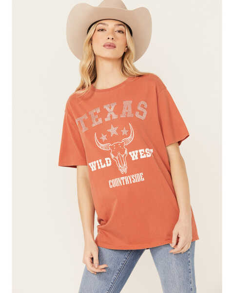 Mainstrip Women's Texas Rhinestone Short Sleeve Graphic Tee , Orange, hi-res