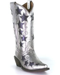 Corral Girls' Silver Embroidery Western Boots - Square Toe, Blue/silver, hi-res