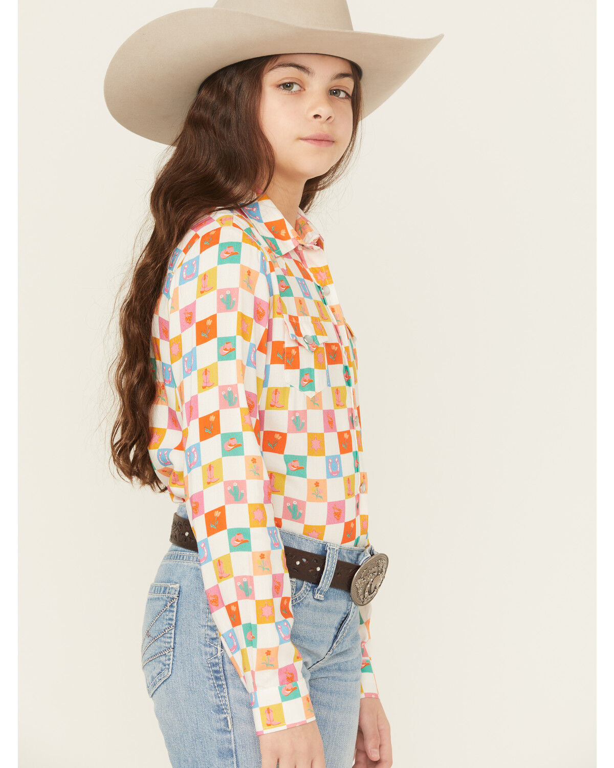 Image #2 - Roper Girls' Western Checkered Long Sleeve Pearl Snap Western Shirt, Multi, hi-res