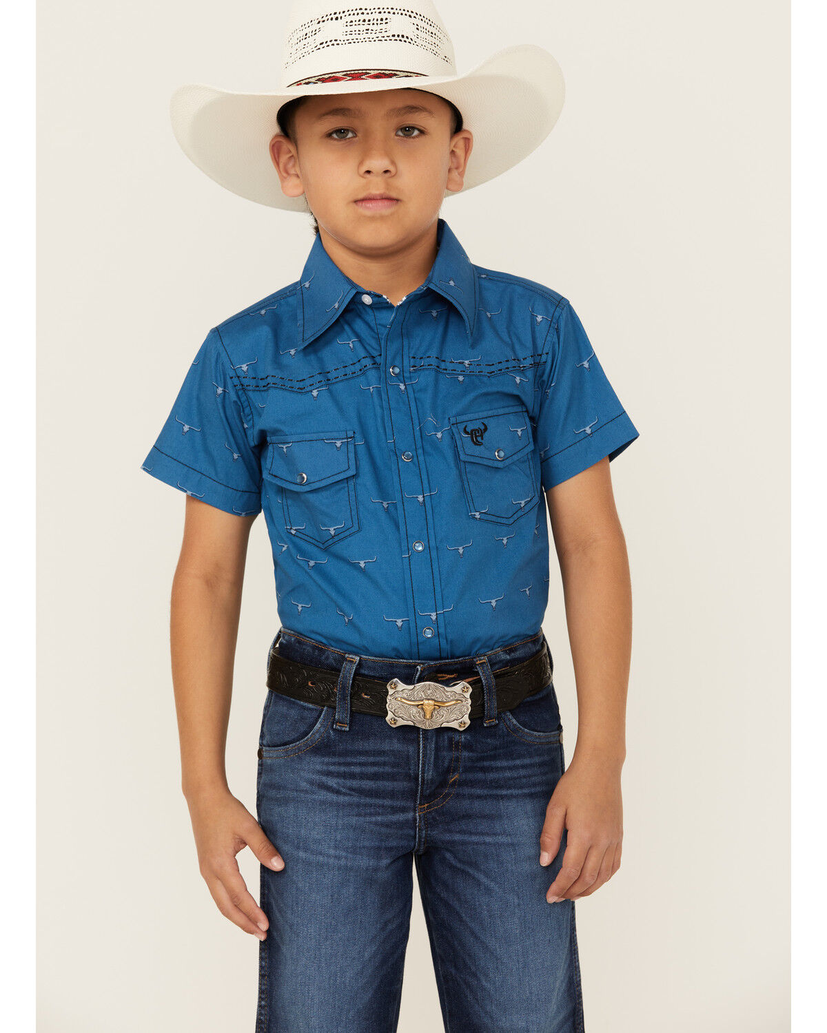 Image #1 - Cowboy Hardware Boys' Steerhead Print Short Sleeve Snap Western Shirt, Blue, hi-res