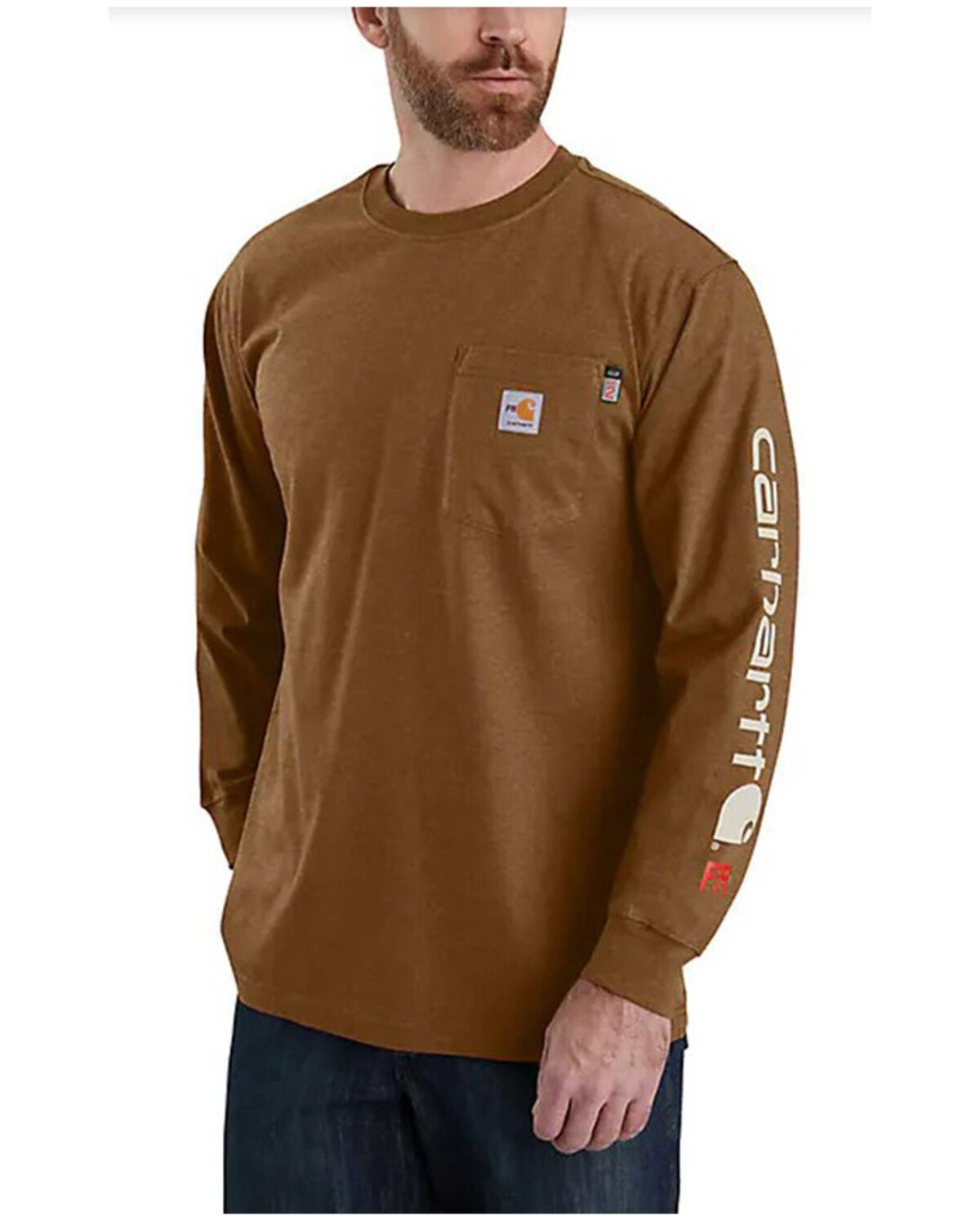 Image #1 - Carhartt Men's FR Force&reg; Loose Fit Midweight Long Sleeve Logo Graphic T-Shirt, Brown, hi-res