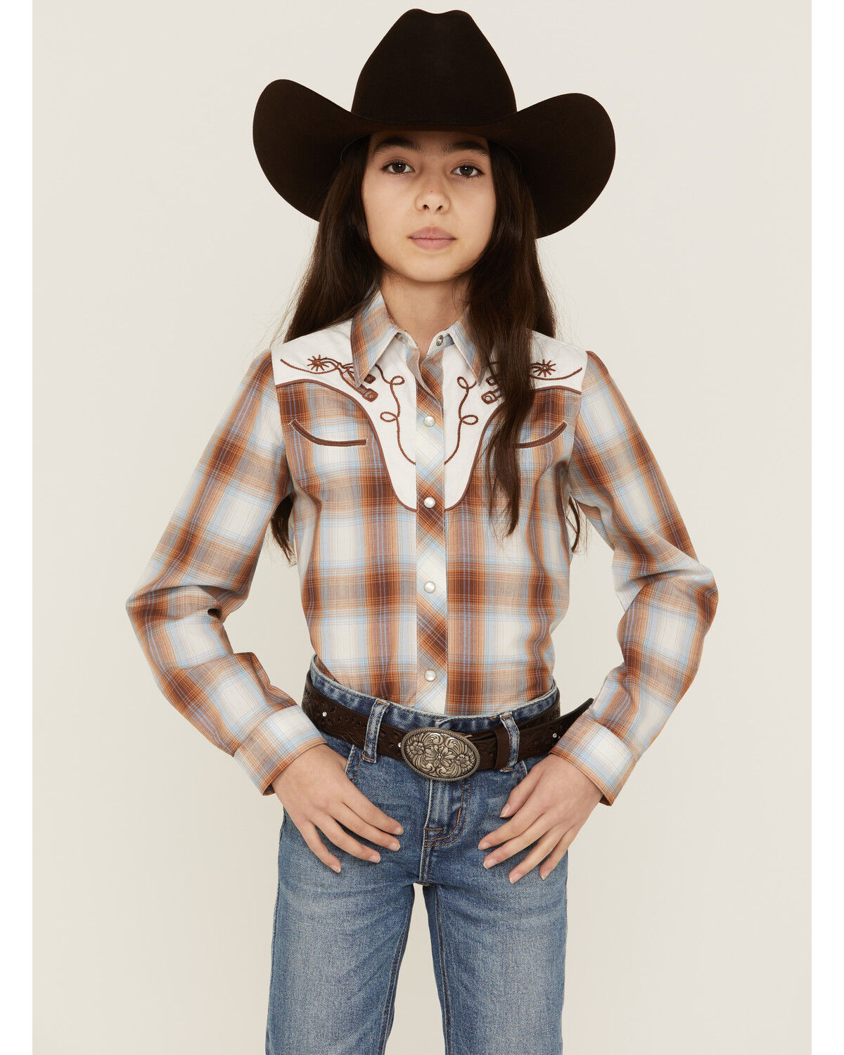 Image #1 - Roper Girls' Plaid Print Embroidered Long Sleeve Western Pearl Snap Shirt, Brown, hi-res
