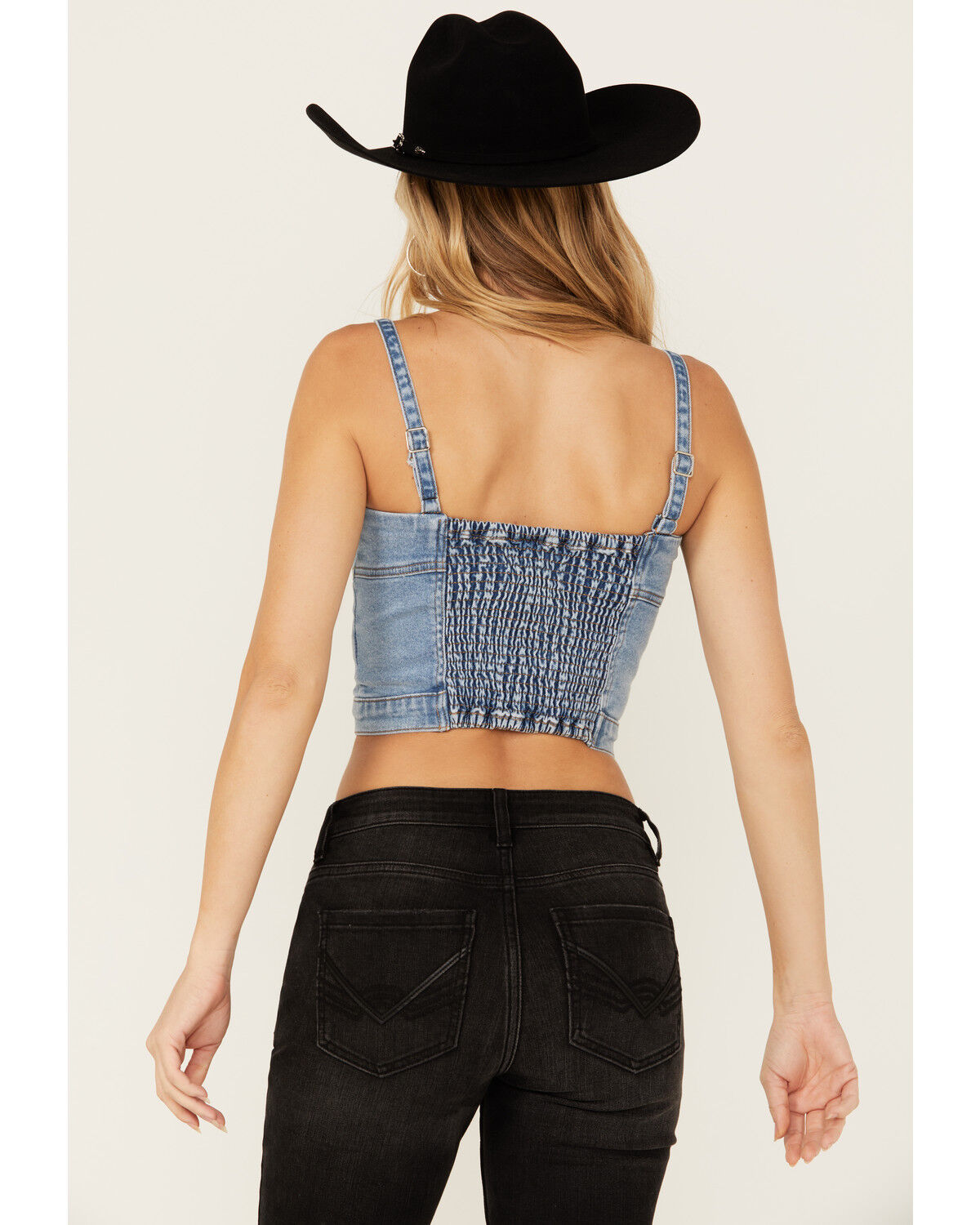 Image #4 - Vibrant Denim Women's Medium Wash Button Front Studded Corset Top, Medium Wash, hi-res