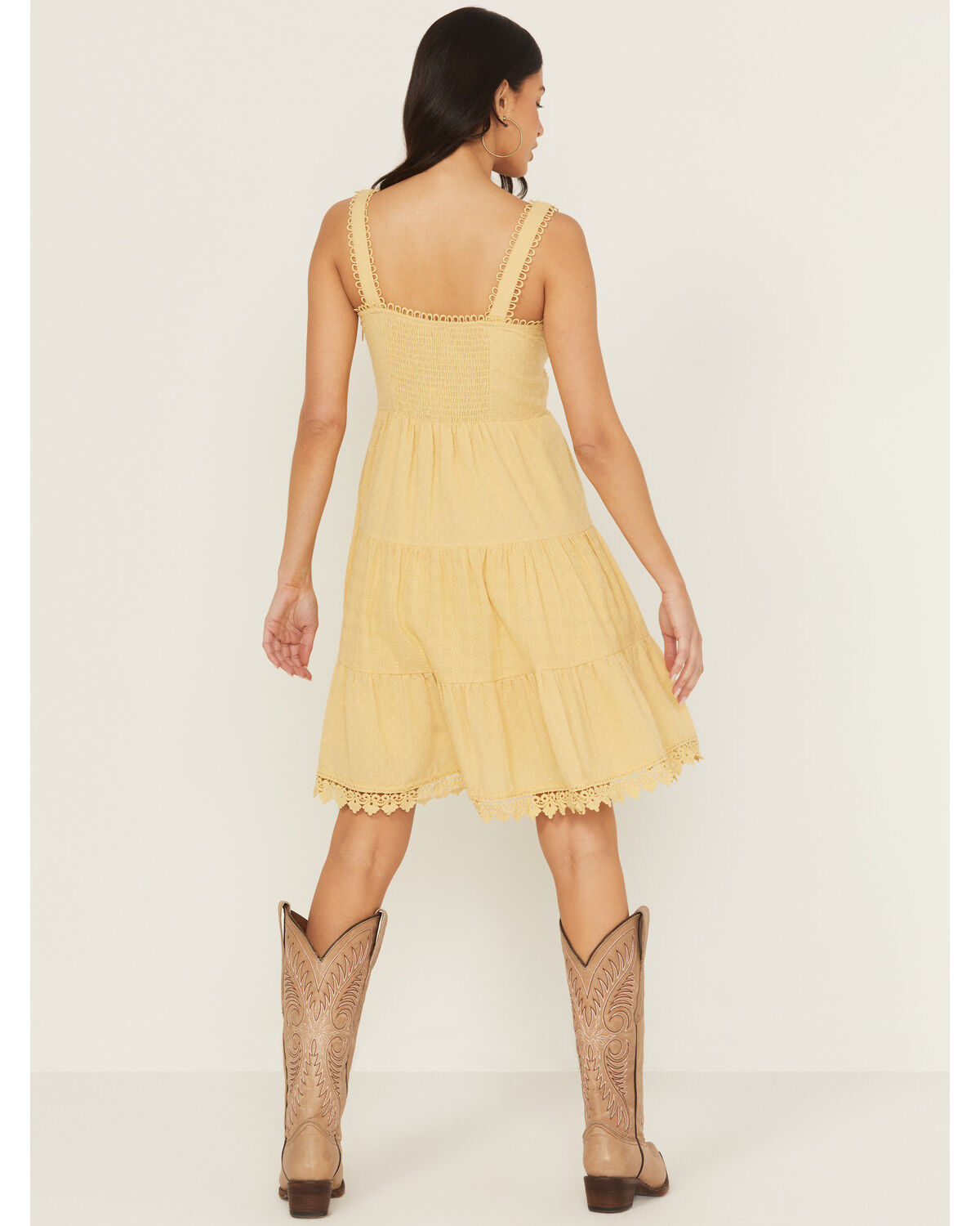 Image #4 - Miss Me Women's Eyelet Tiered Mini Dress, Yellow, hi-res