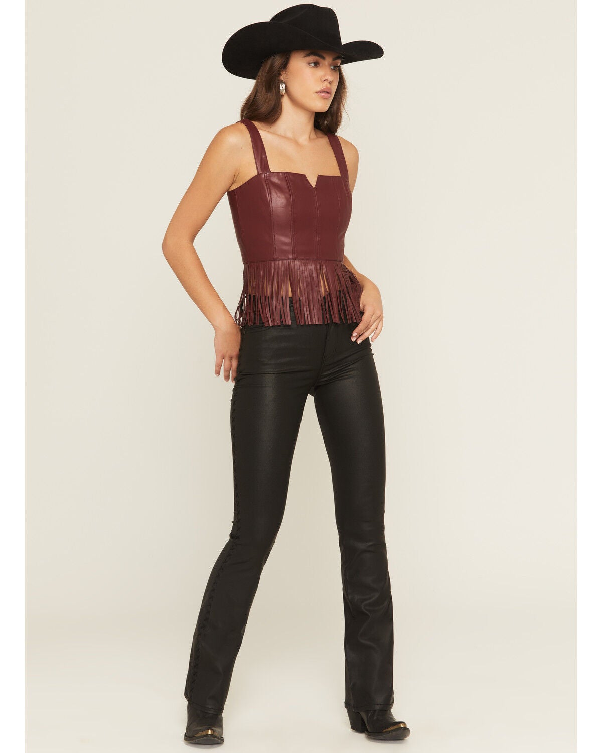 Idyllwind Women's Roycroft Faux Leather Fringe Bustier Top, Cherry, hi-res