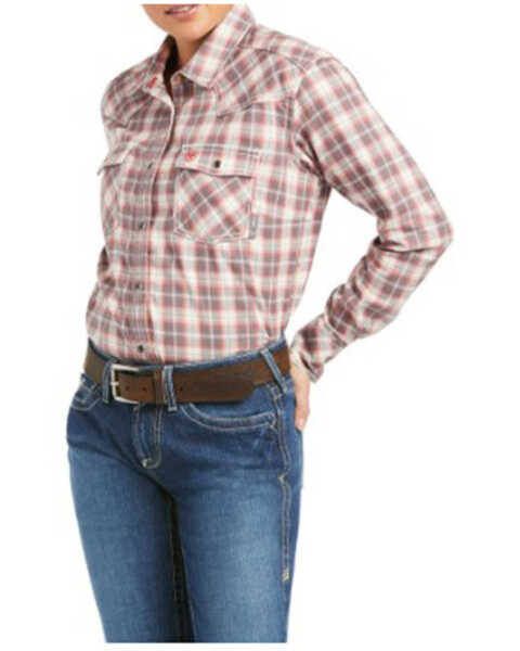 Ariat Women's FR Whittle Plaid Print Retro Fit Long Sleeve Snap Western Work Shirt, Fuscia, hi-res