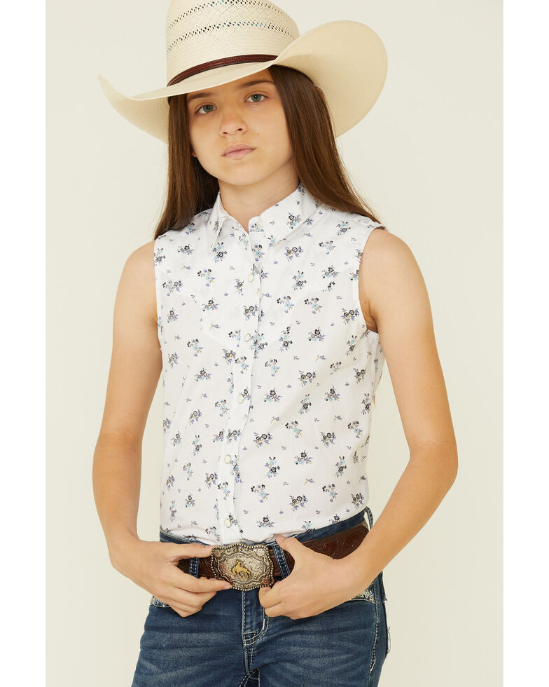 Rock & Roll Denim Girl's White Floral Print Sleeveless Snap Western Shirt , White, hi-res