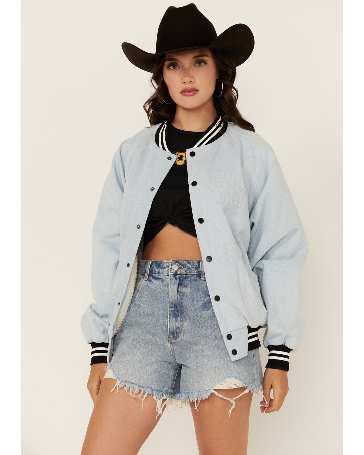 Image #2 - The Laundry Room Women's Denim Coors Ghost Stadium Bomber Jacket, Light Wash, hi-res