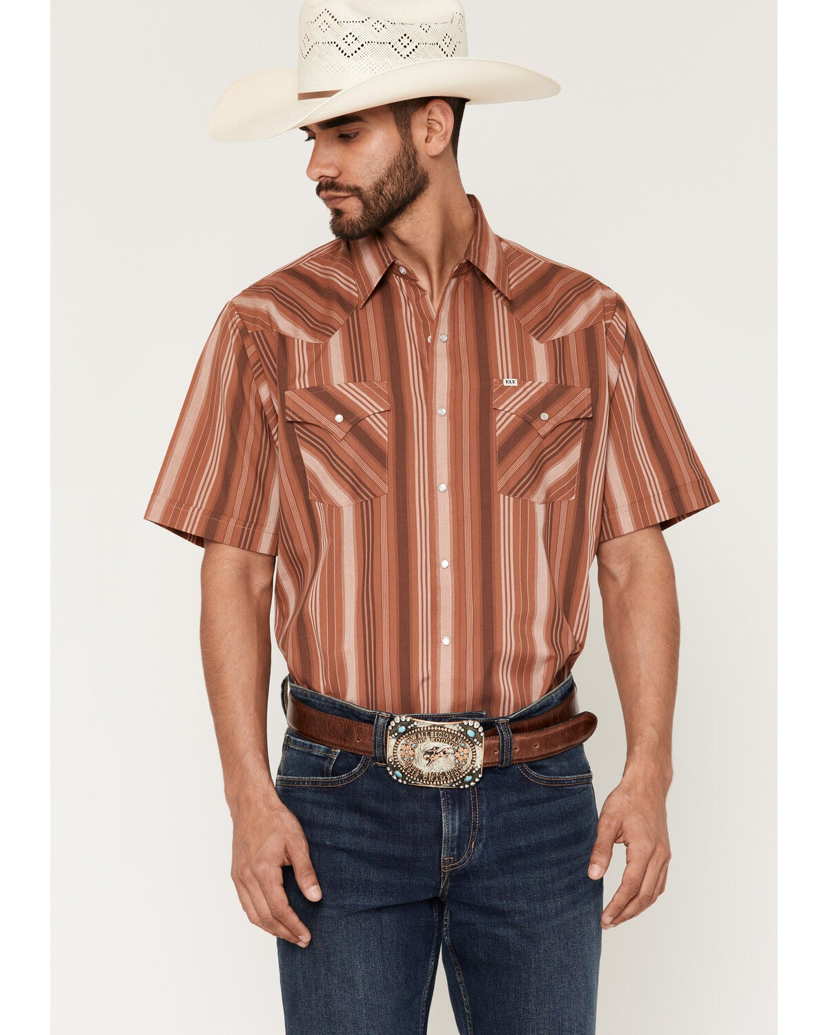 Ely Walker Men's Striped Short Sleeve Pearl Snap Western Shirt, Rust Copper, hi-res