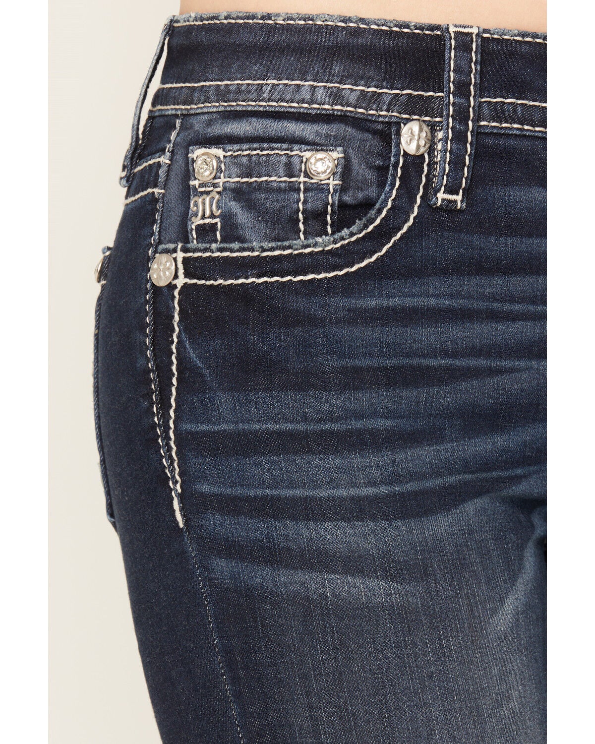 Image #4 - Miss Me Women's Dark Wash Mid Rise Winged Pocket 32" Bootcut Stretch Denim Jeans, Dark Wash, hi-res