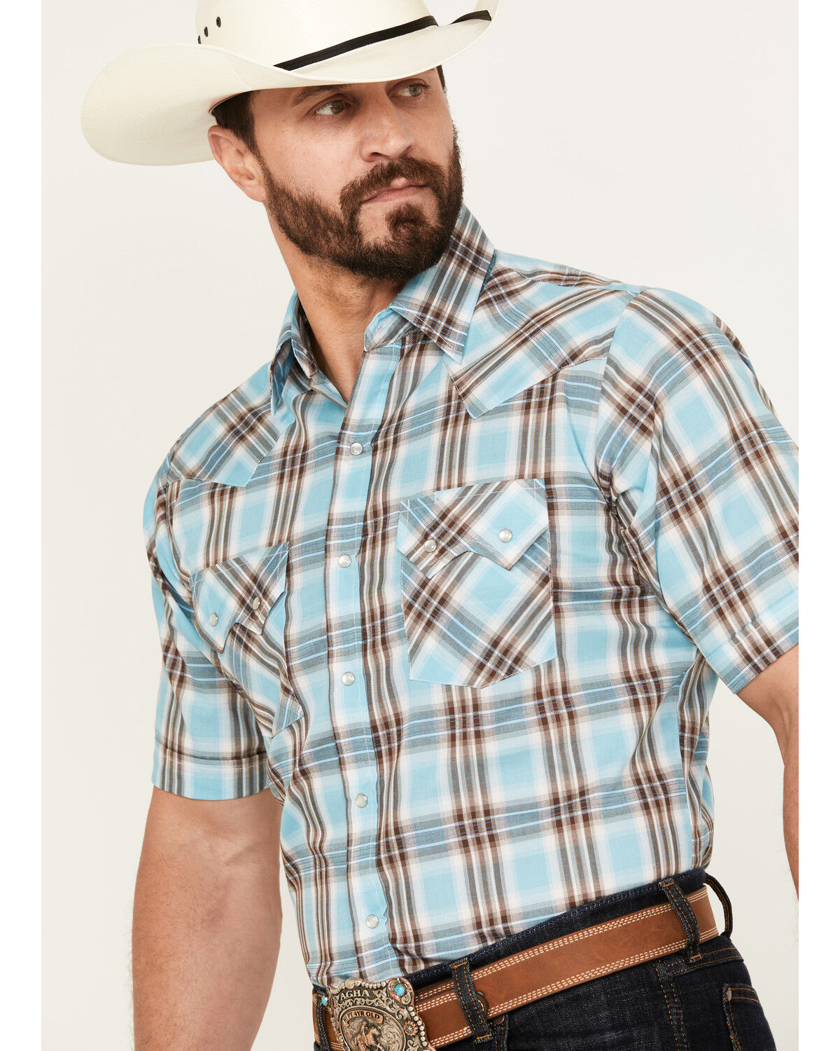 Image #2 - Ely Walker Men's Plaid Print Short Sleeve Pearl Snap Western Shirt, Aqua, hi-res