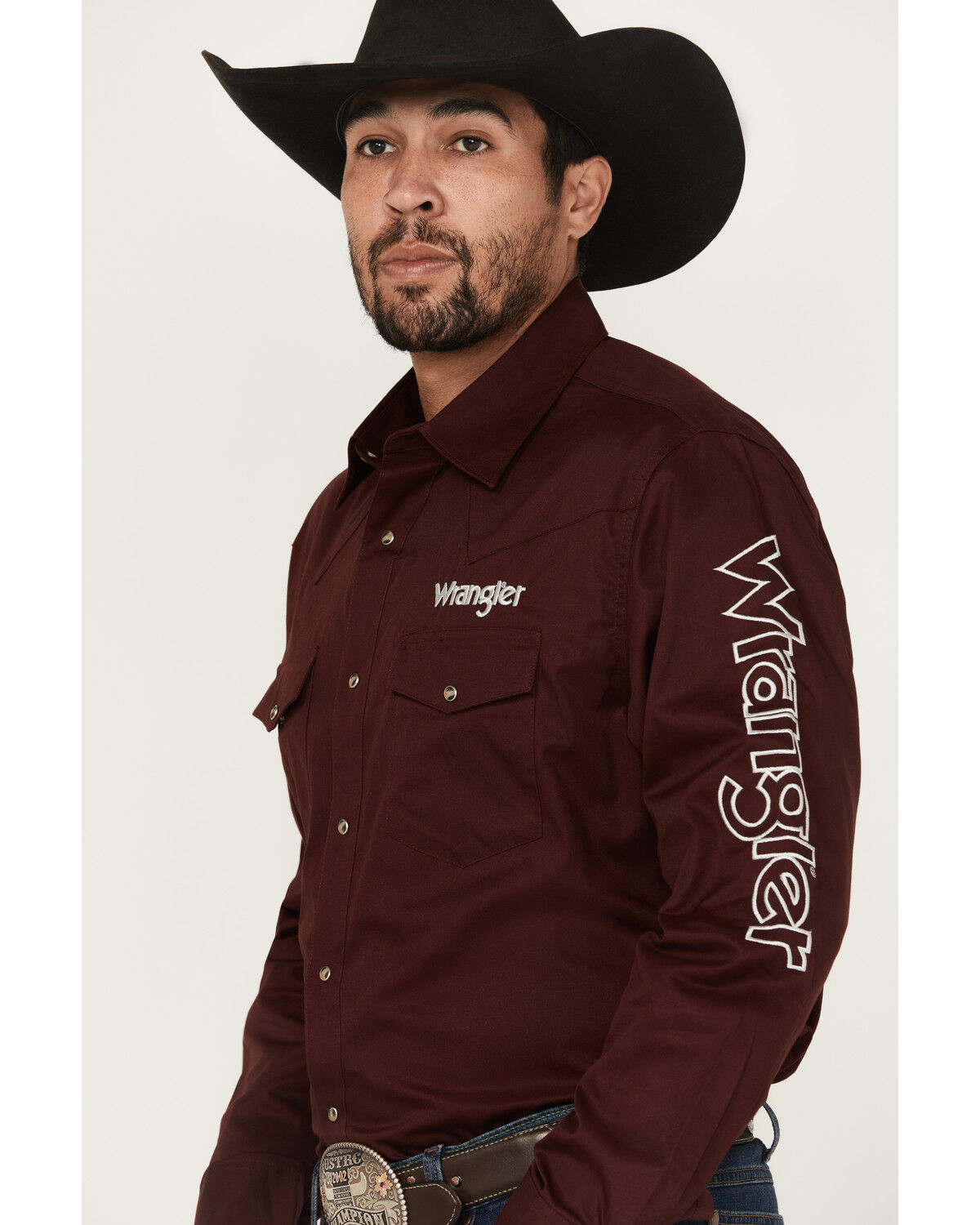 Image #2 - Wrangler Men's Logo Solid Long Sleeve Snap Western Shirt, Wine, hi-res