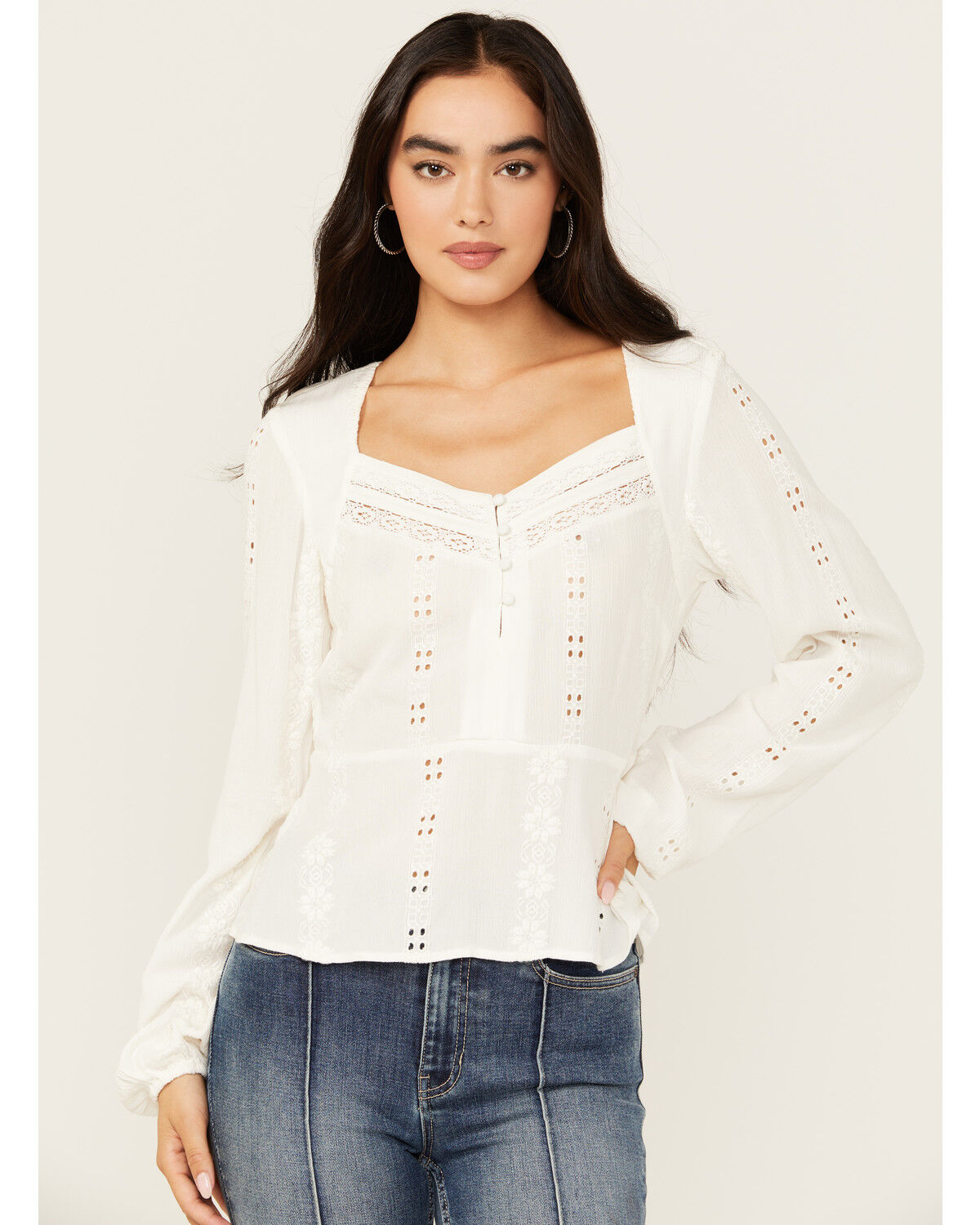 Image #1 - Idyllwind Women's Teel Eyelet Keyhole Blouse, Ivory, hi-res