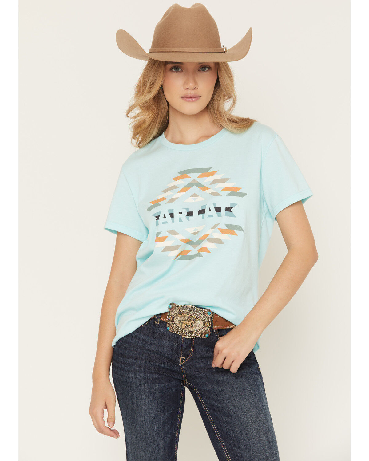 Image #1 - Ariat Women's Boot Barn Exclusive Southwestern Print Short Sleeve Graphic Tee, Teal, hi-res