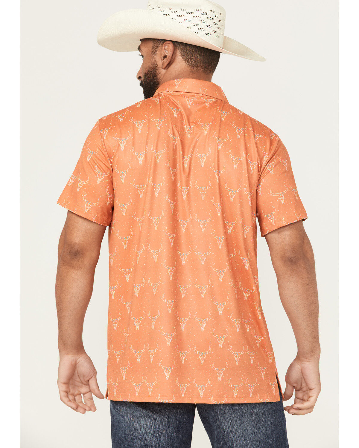 Image #4 - Rock & Roll Denim Men's Skull Print Short Sleeve Button-Down Stretch Polo, Orange, hi-res