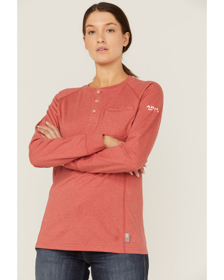 Ariat Women's FR Heather Cranberry Air Henley Long Sleeve Work Pocket Shirt , Red, hi-res