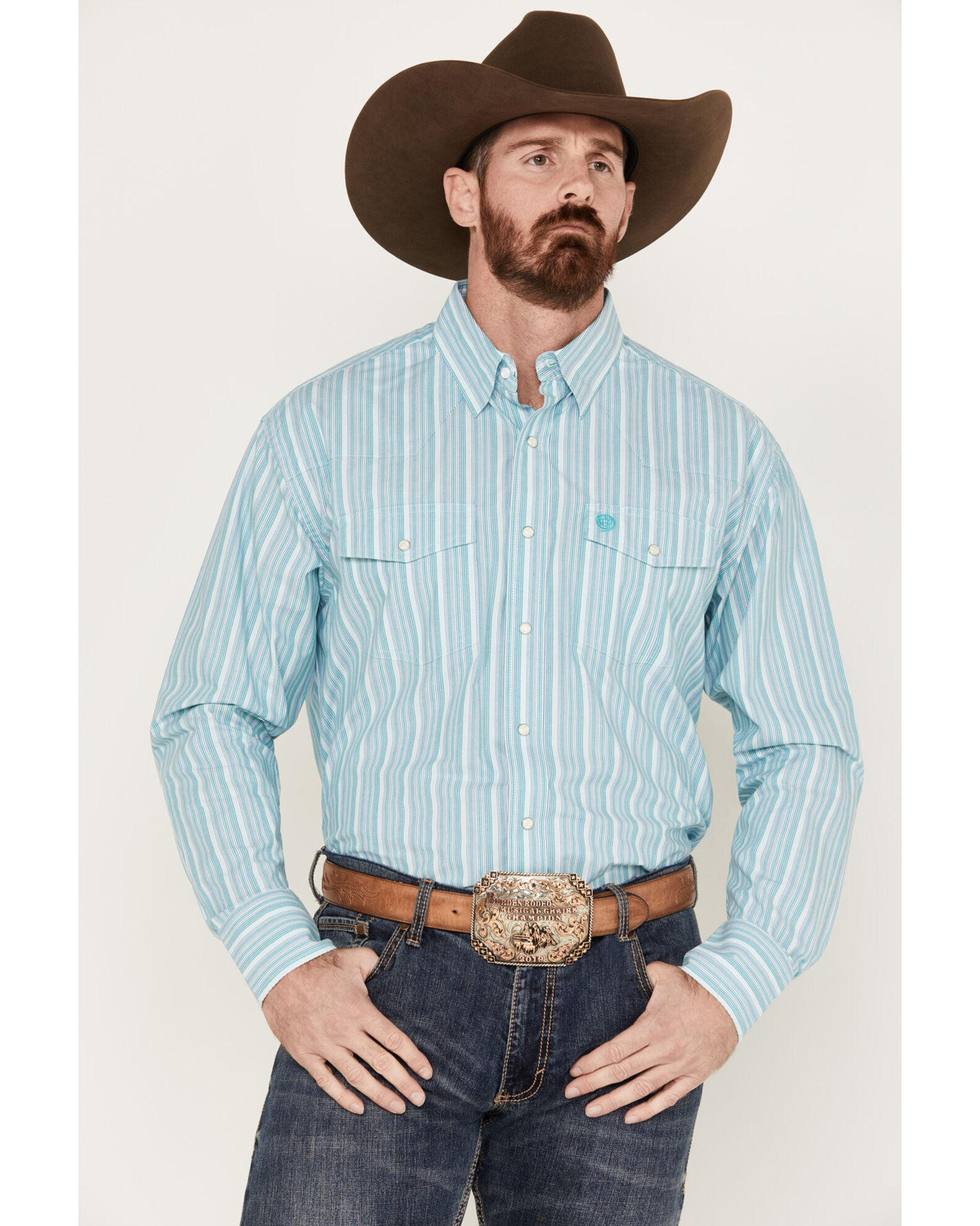 George Strait by Wrangler Striped Long Sleeve Western Pearl Snap Shirt