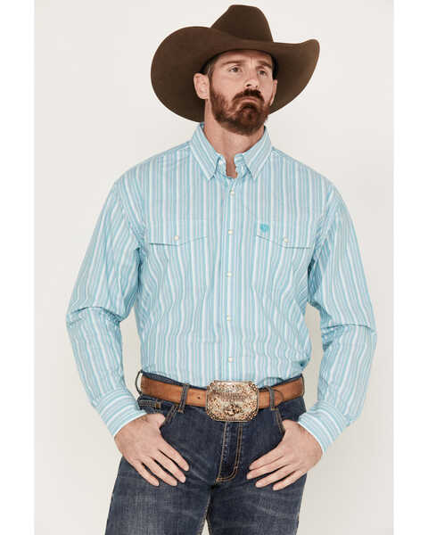 George Strait by Wrangler Striped Long Sleeve Western Pearl Snap Shirt, Teal, hi-res