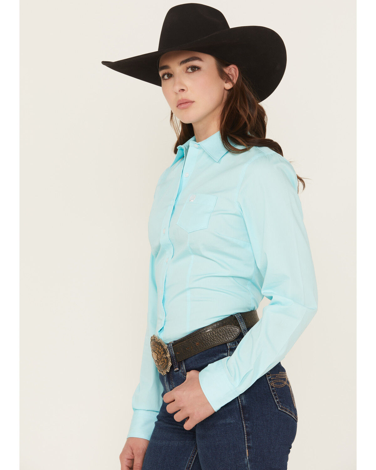 Image #2 - Cinch Women's Solid Long Sleeve Button-Down Western Shirt, Turquoise, hi-res