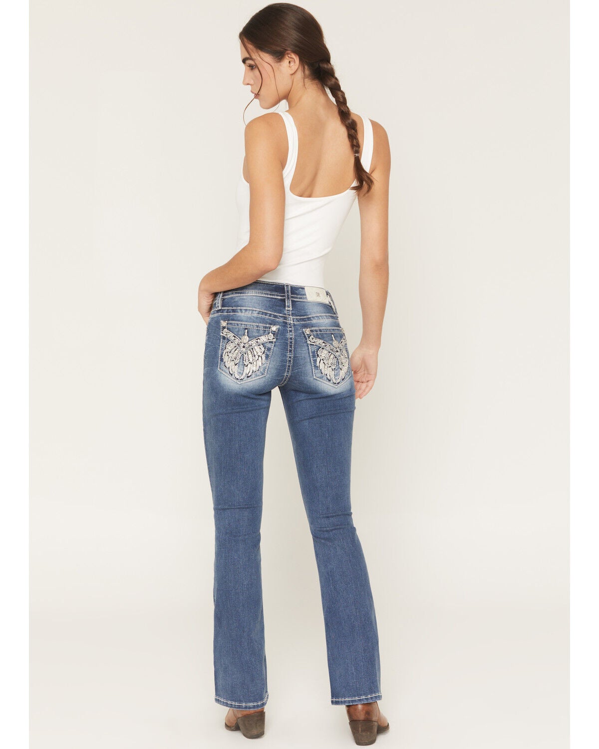 Miss Me Women's Dark Wash Mid Rise Winged Pocket 30" Bootcut Stretch Denim Jeans, Dark Wash, hi-res