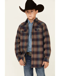 Cody James Boys' Cave Man Plaid Bonded Long Sleeve Snap Western Flannel Shirt , Olive, hi-res
