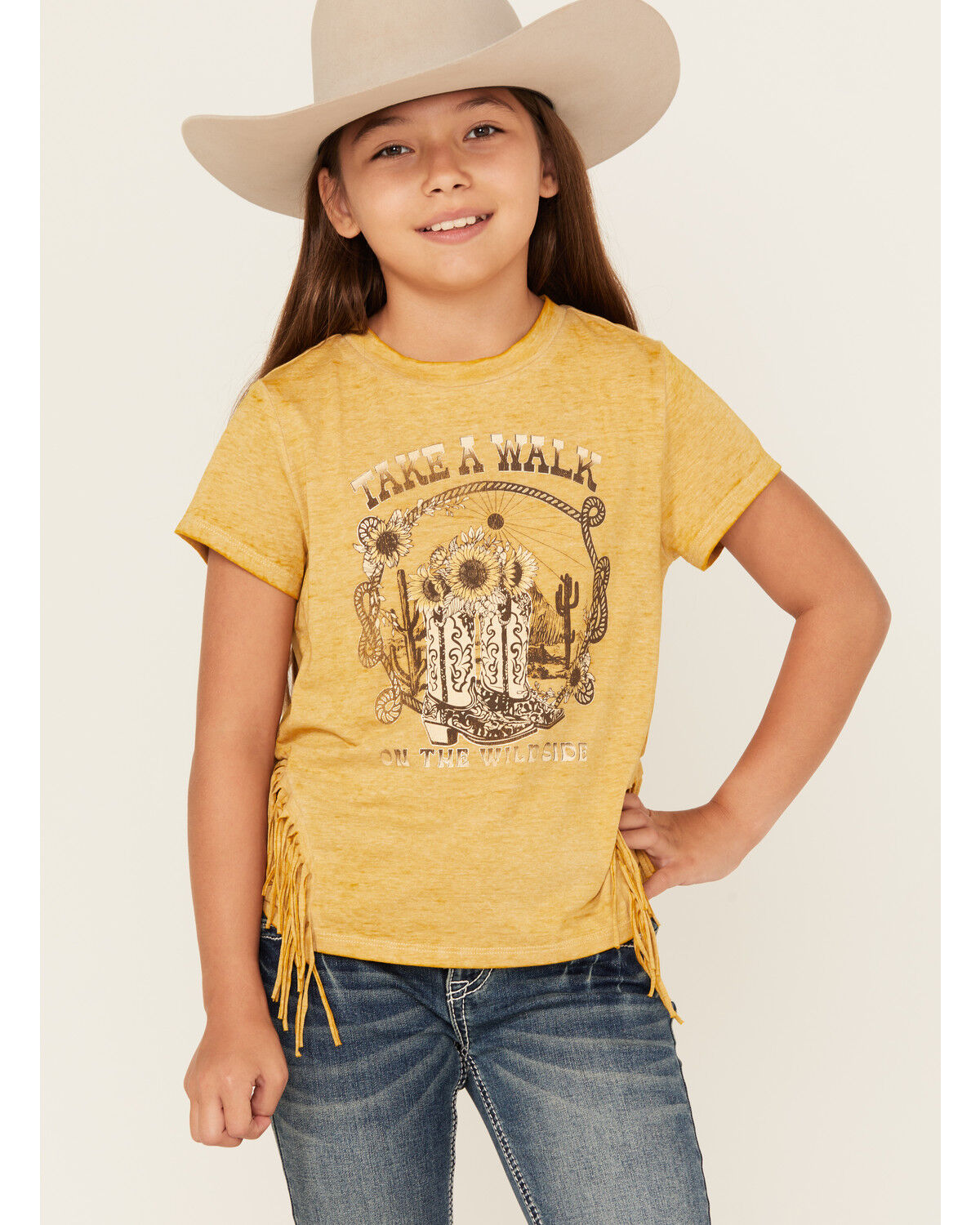 Image #1 - Shyanne Girls' Take A Walk Short Sleeve Graphic Tee, Mustard, hi-res