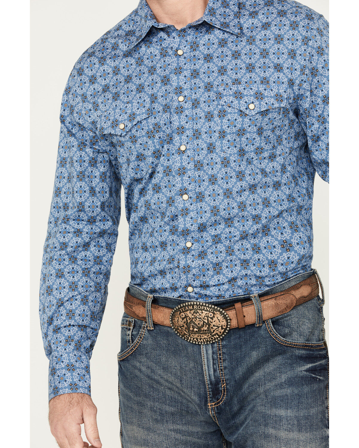 Image #3 - Rock & Roll Denim Men's Medallion Print Long Sleeve Snap Western Shirt, Blue, hi-res