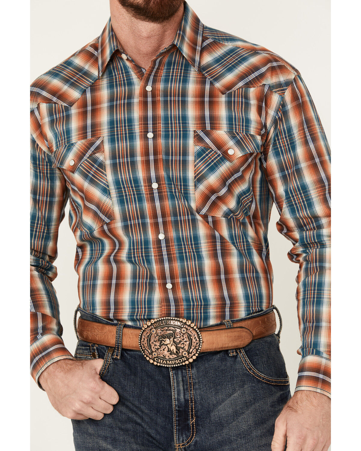 Image #3 - Rough Stock by Panhandle Men's Plaid Print Long Sleeve Stretch Snap Western Shirt, Multi, hi-res