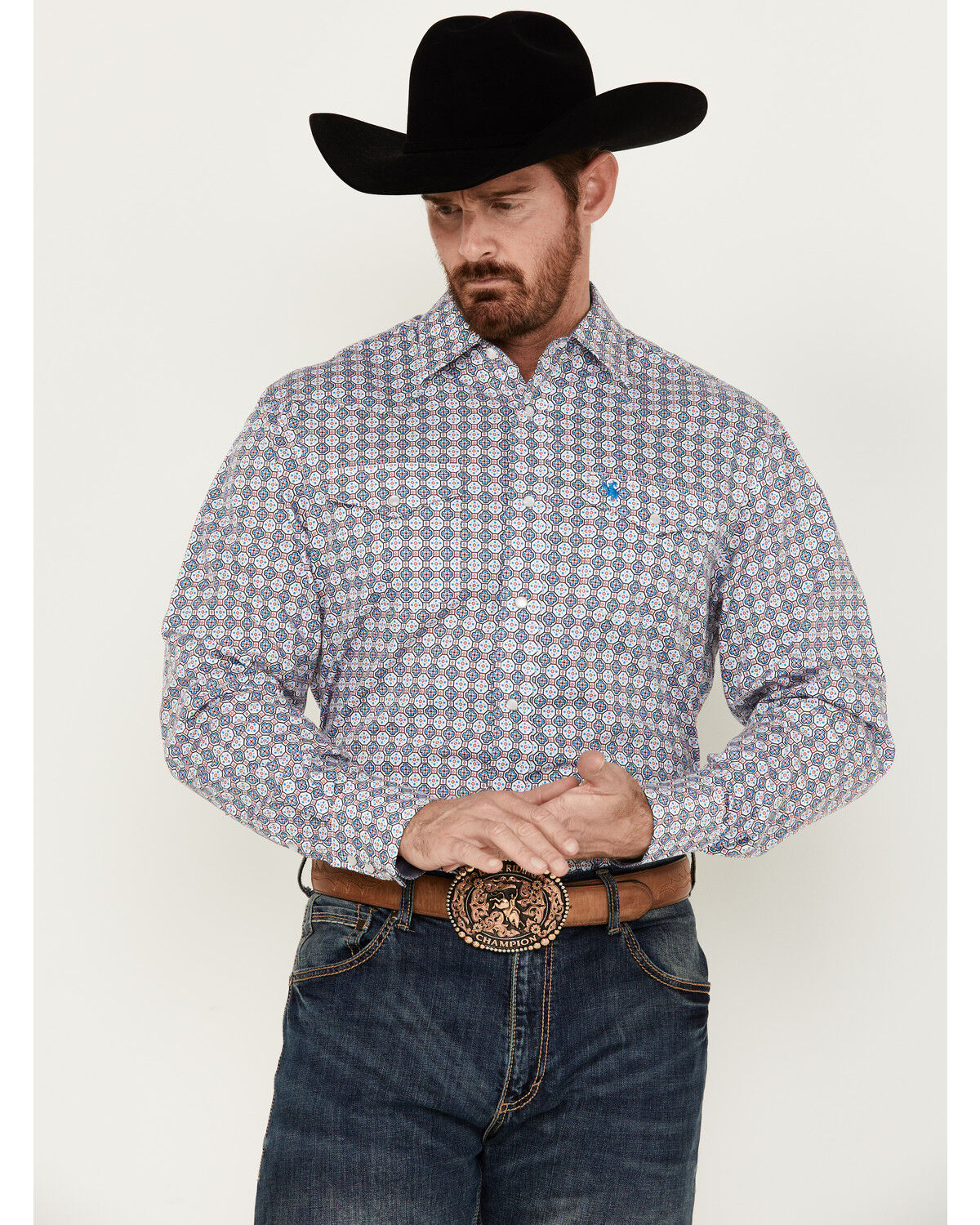 Image #1 - Rodeo Clothing Men's Medallion Print Long Sleeve Pearl Snap Western Shirt, White, hi-res