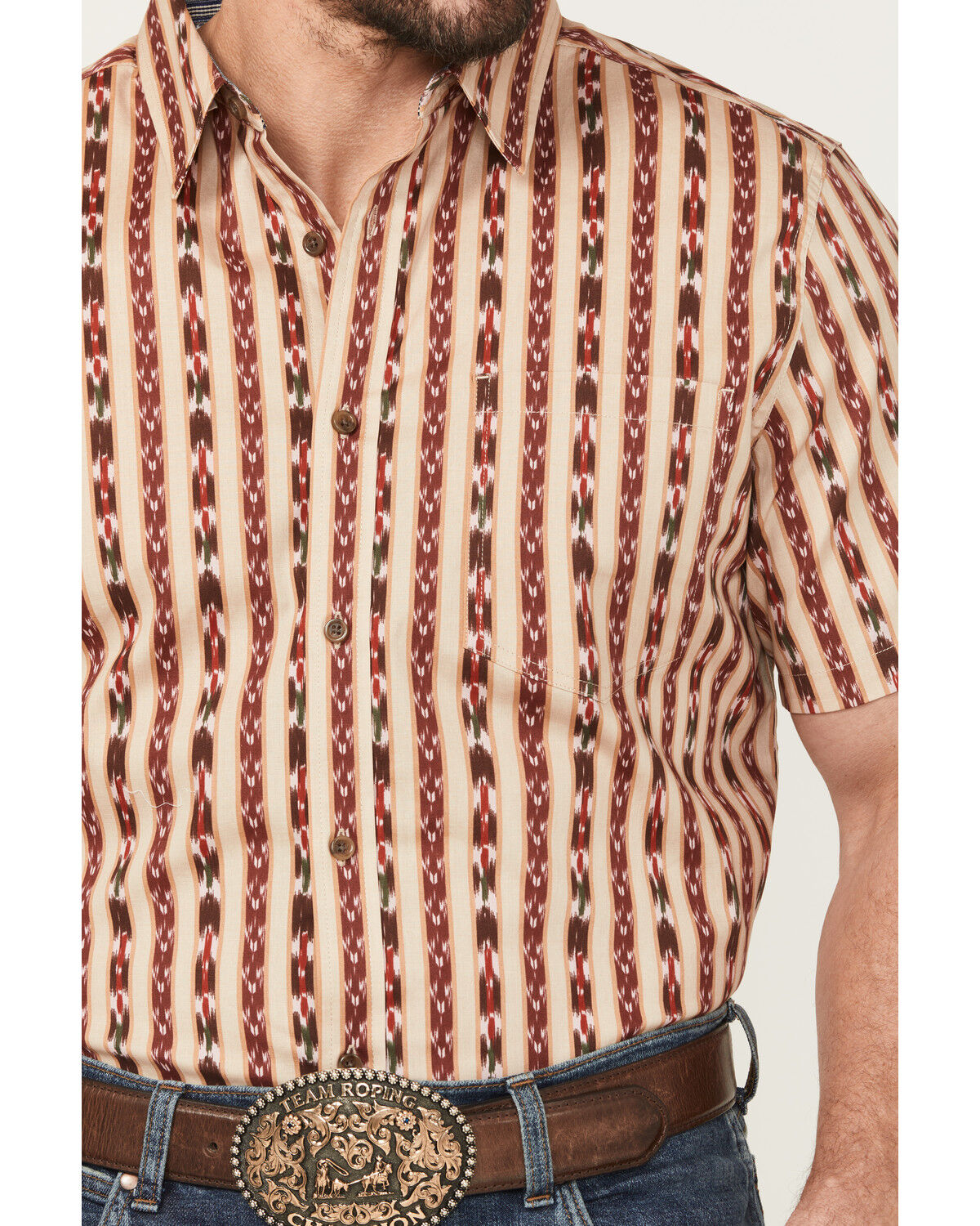 Image #3 - Cody James Men's Bridgestone Southwestern Striped Short Sleeve Button-Down Stretch Western Shirt, Tan, hi-res