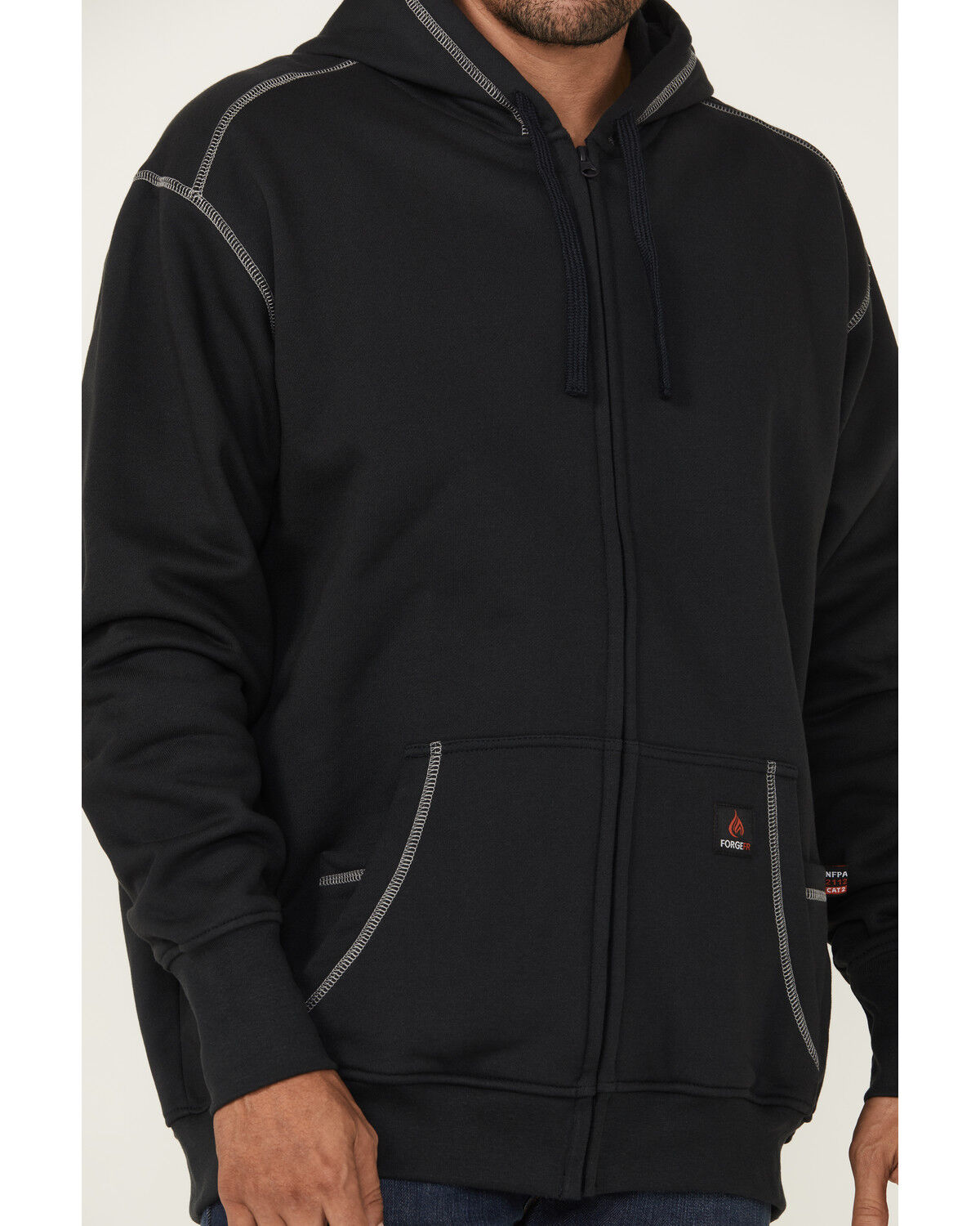 Image #3 - Forge Workwear Men's FR Solid Contrast Stitch Zip Hooded Jacket, Navy, hi-res