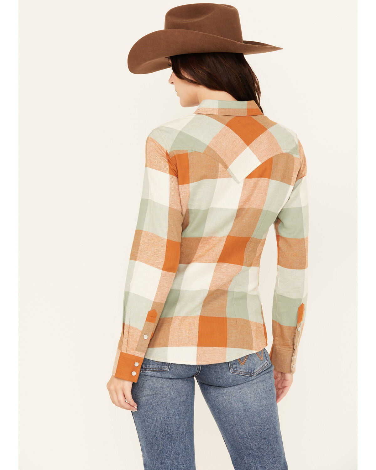 Image #4 - Wrangler Retro Women's Boot Barn Exclusive Plaid Print Long Sleeve Pearl Snap Flannel Shirt, Multi, hi-res