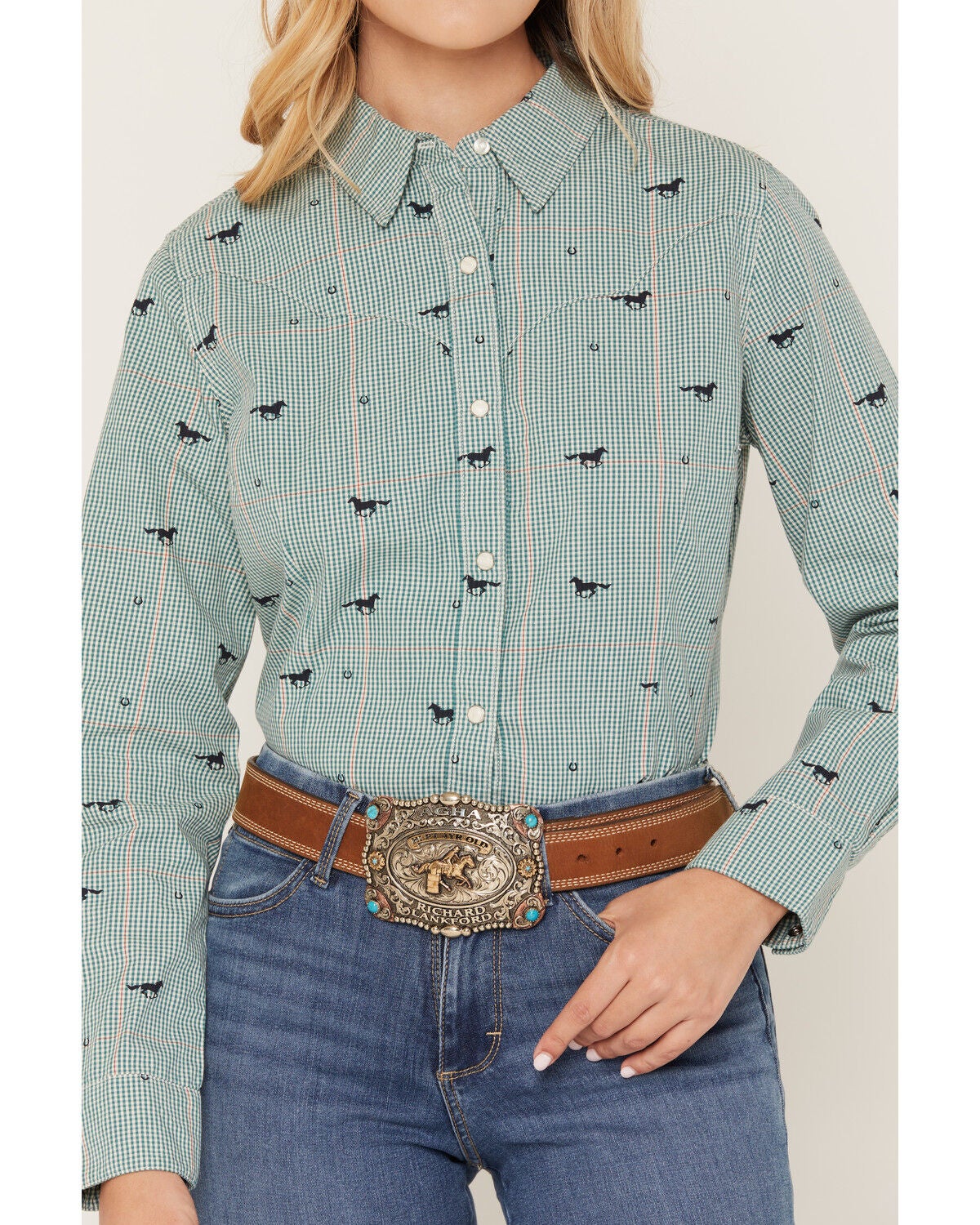 Image #3 - Wrangler Retro Women's Running Horse Plaid Print Long Sleeve Snap Western Shirt, Green, hi-res