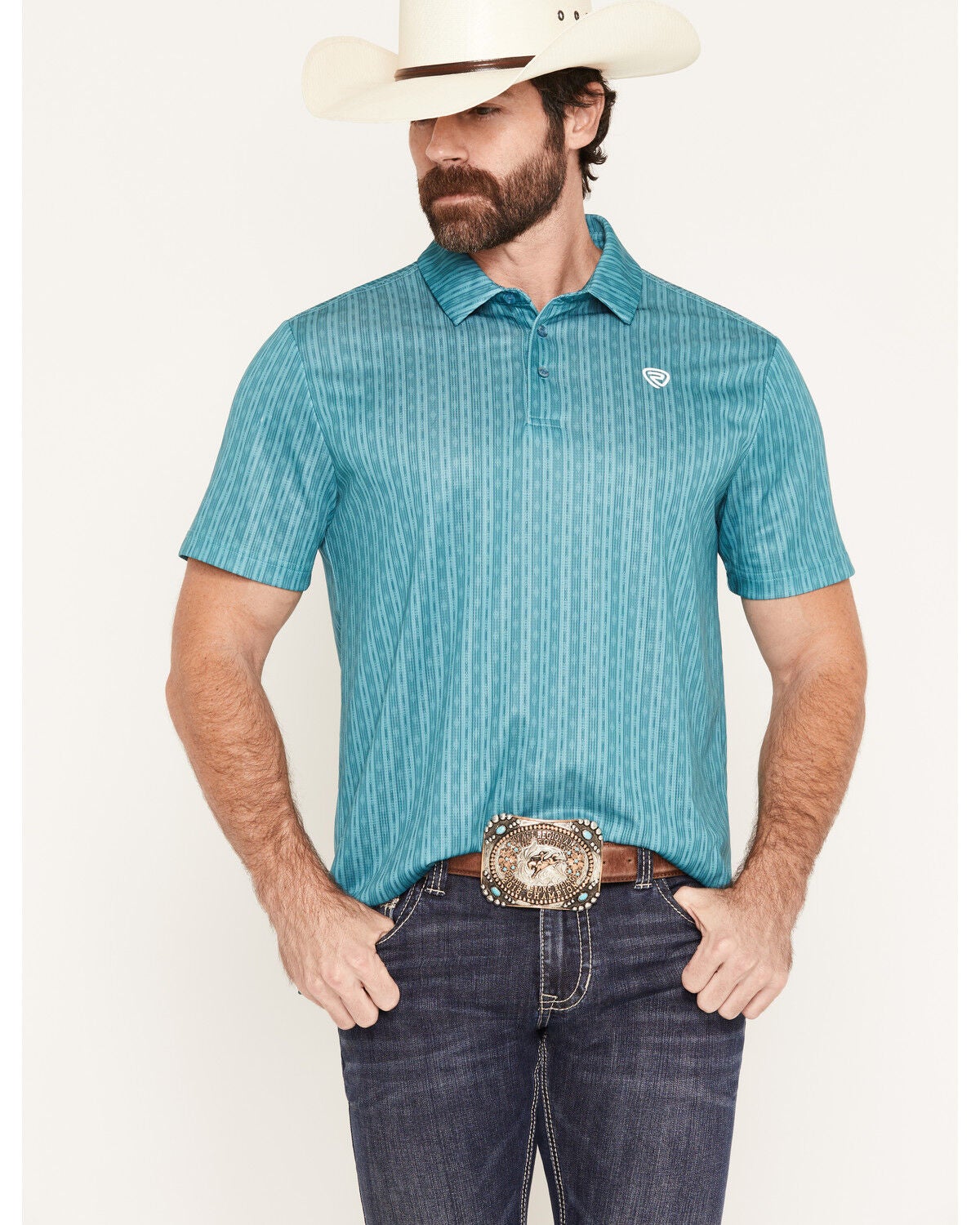 Rock & Roll Denim Men's Striped Short Sleeve Button-Down Polo, Turquoise, hi-res