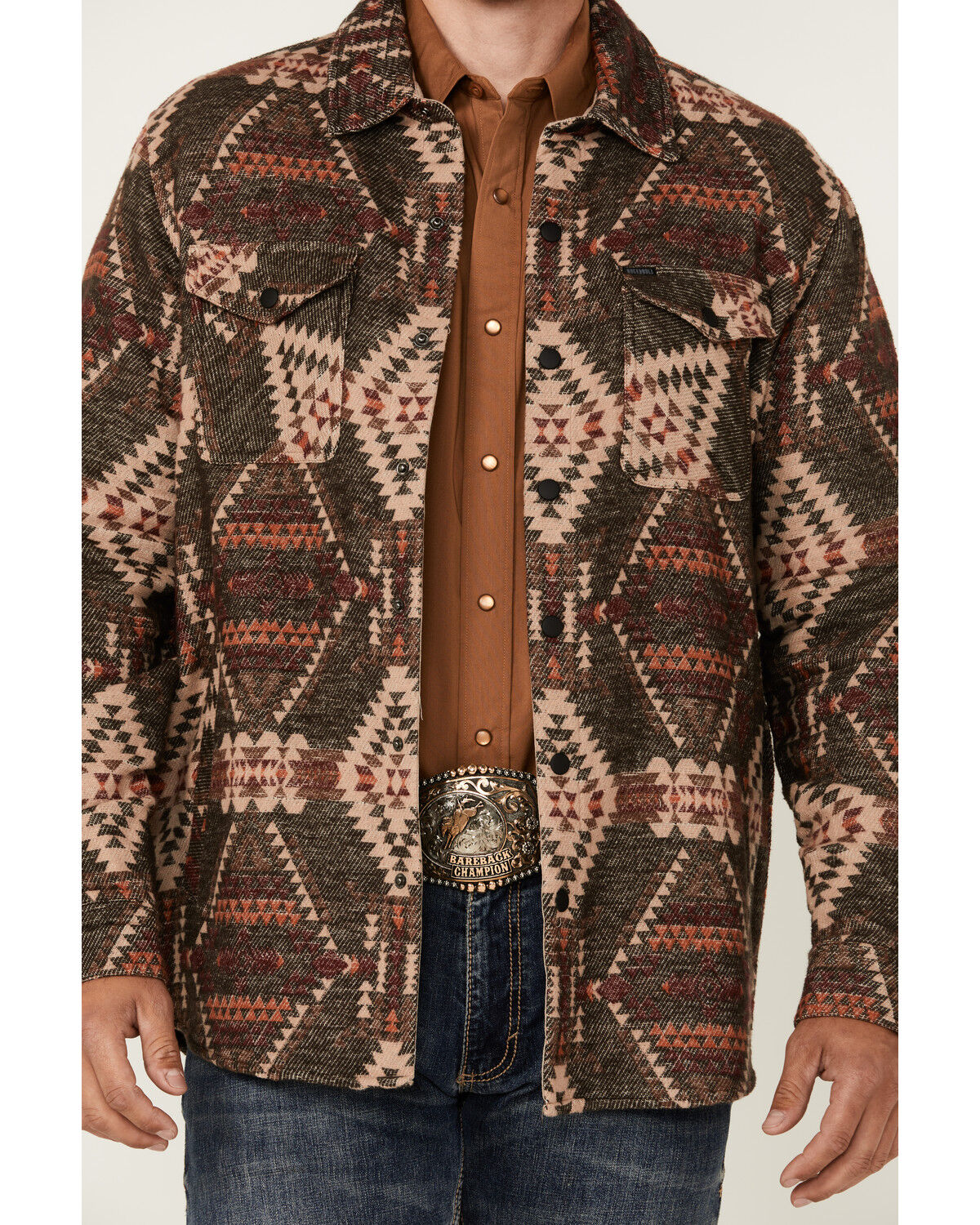 Image #3 - Rock & Roll Denim Men's Southwestern Print Snap Shacket, Dark Brown, hi-res