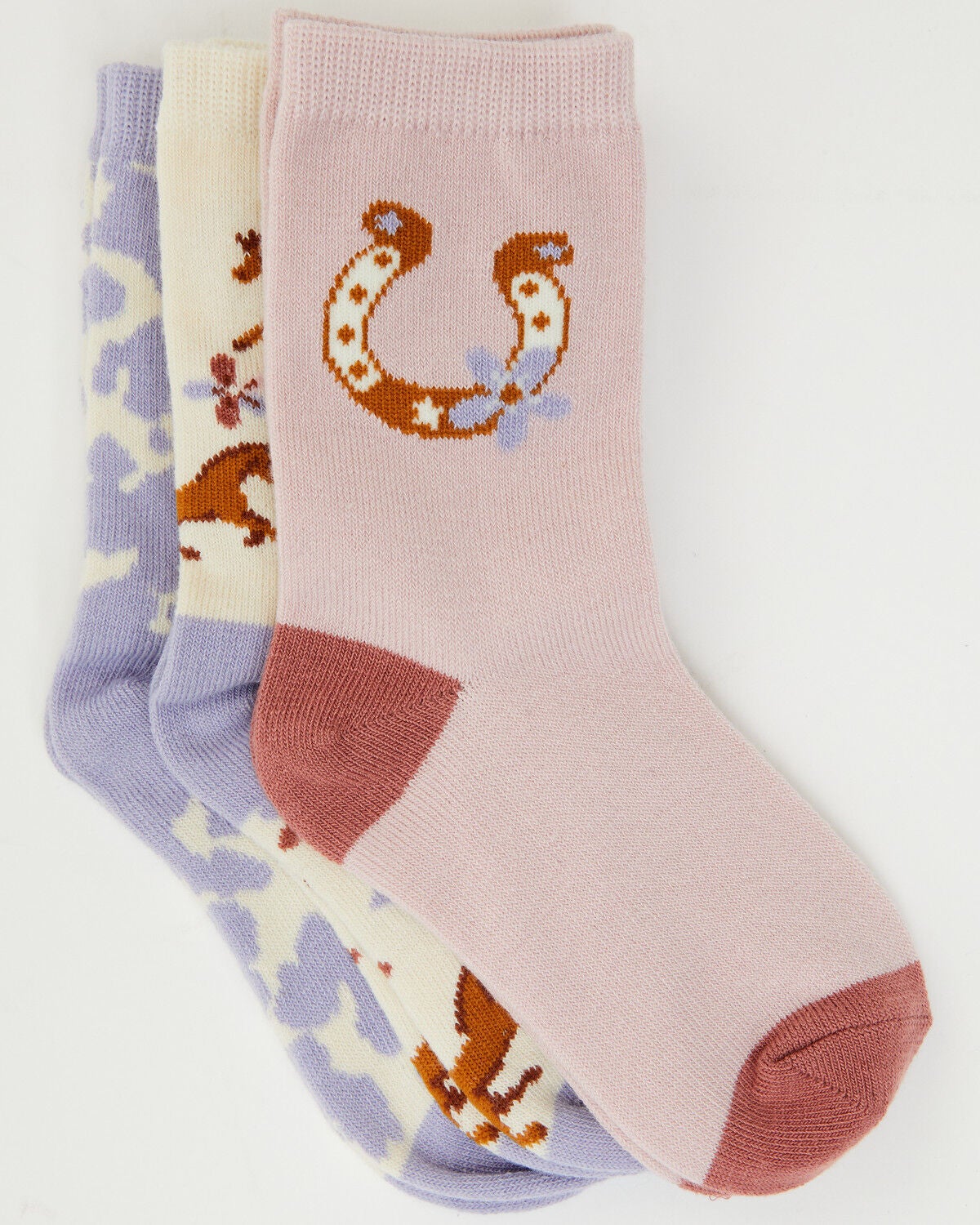 Image #4 - Boot Barn Girls' Horse Icon Crew Socks - 3 Pack, Lavender, hi-res