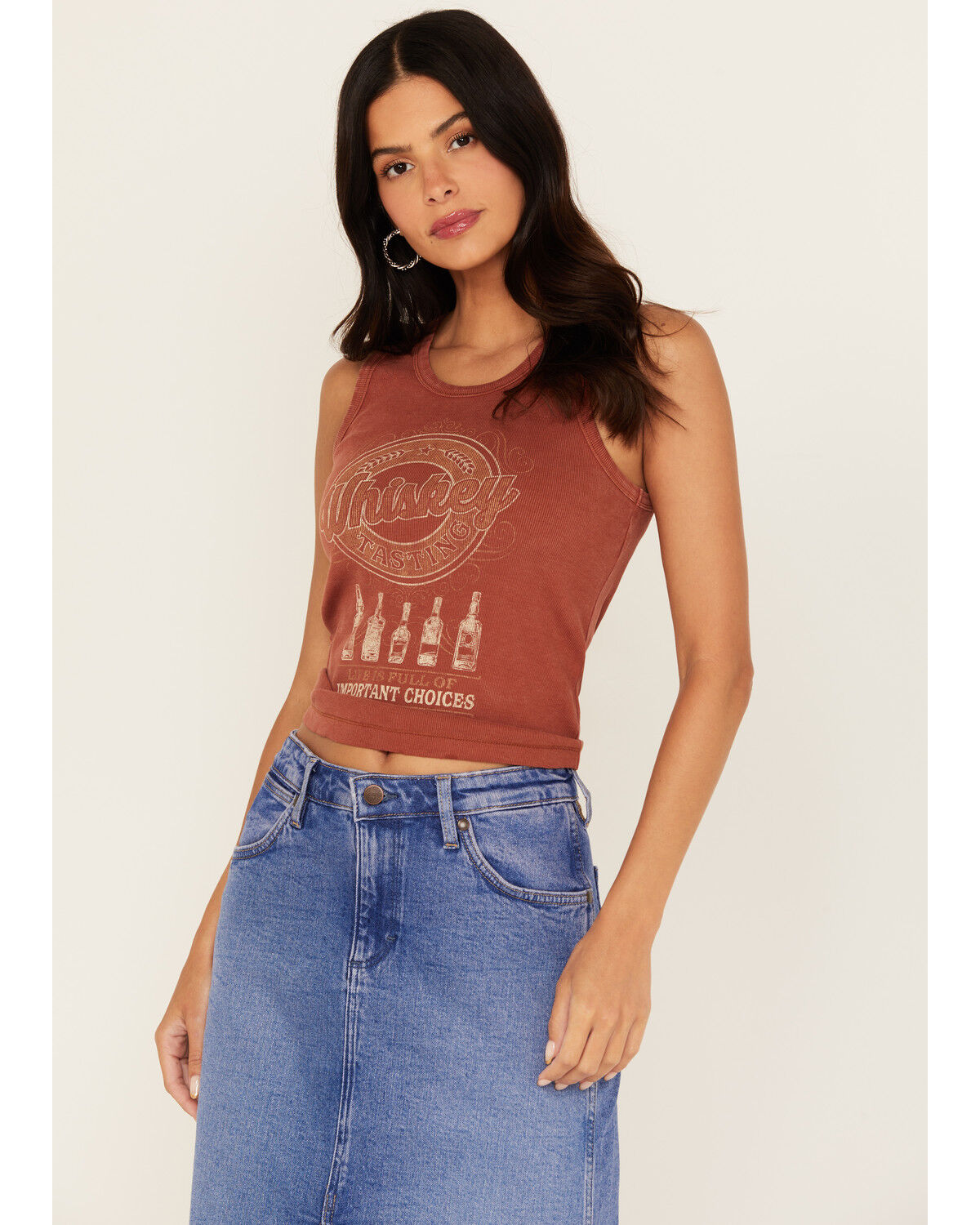 Image #1 - Cleo + Wolf Women's Whiskey Ribbed Graphic Tank Top, Brandy Brown, hi-res