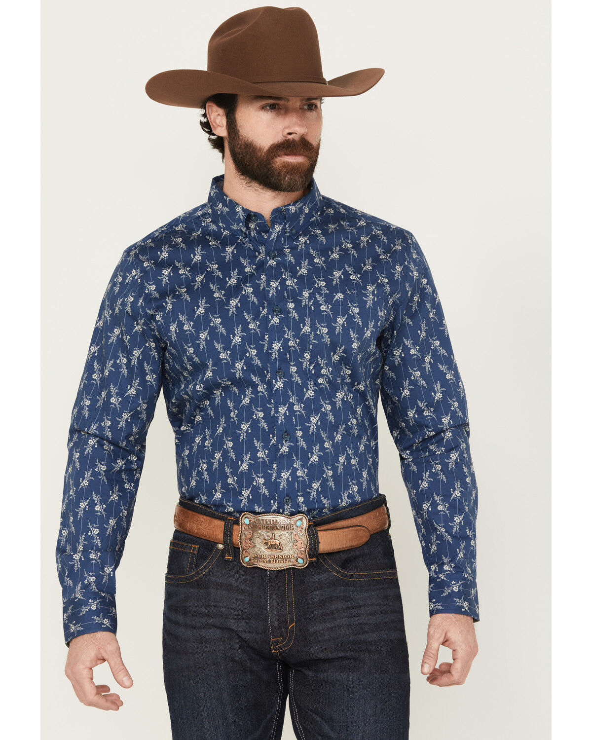 Image #1 - Cody James Men's Gila Grove Floral Striped Long Sleeve Button-Down Stretch Western Shirt, Blue, hi-res